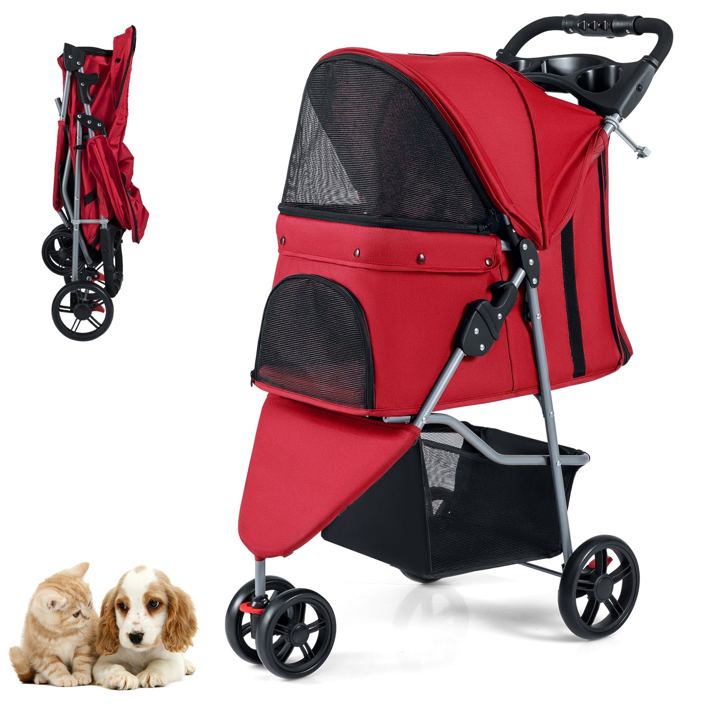 Pet Stroller with Adjustable Canopy and 3 Shock-absorbing Wheels-Black