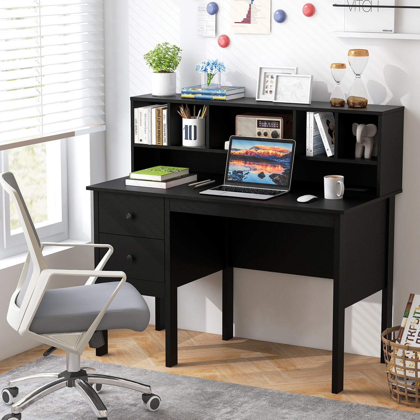 Computer Desk with Power Outlets and Hutch-Black