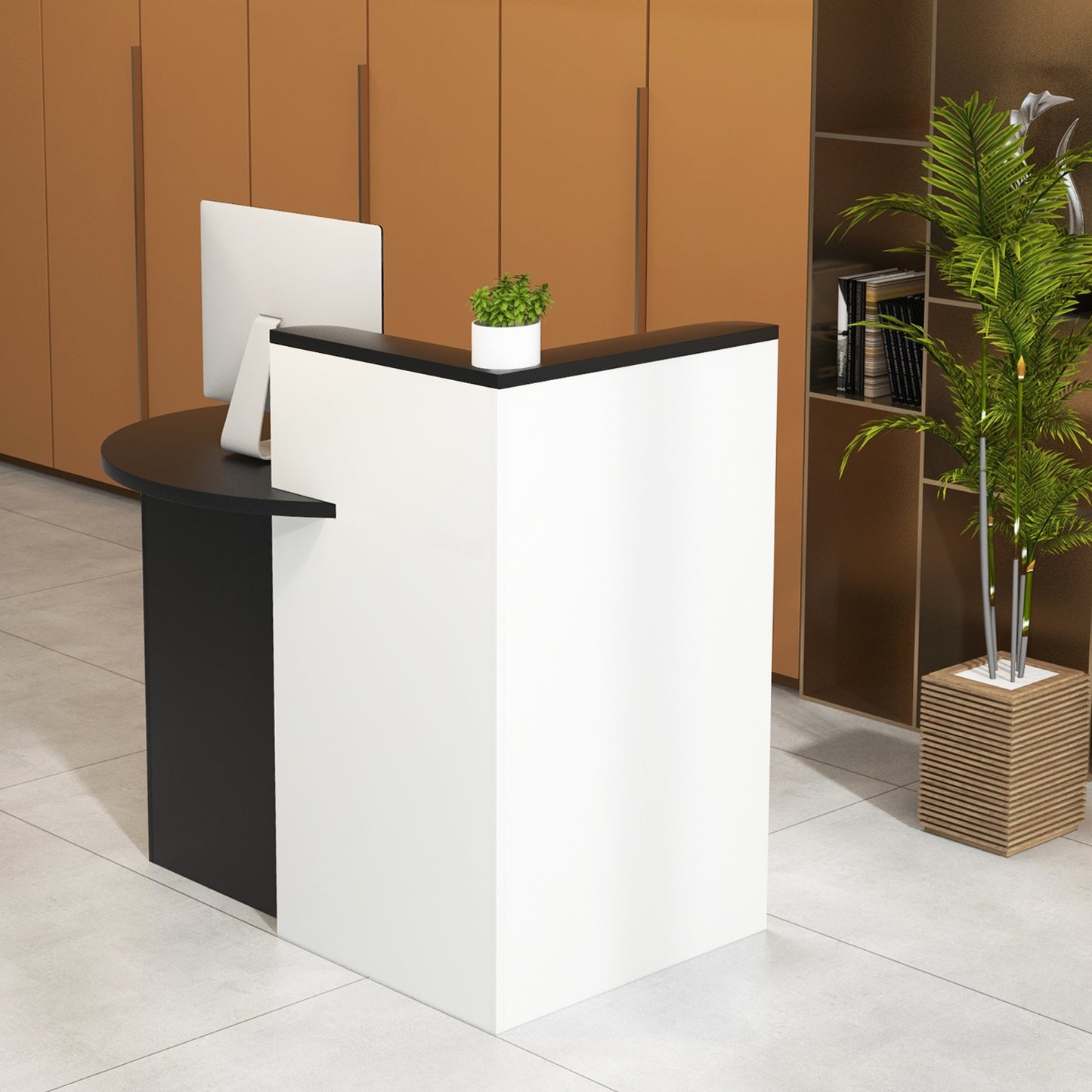 Corner Front Reception Counter Desk with Lockable Drawer-Black