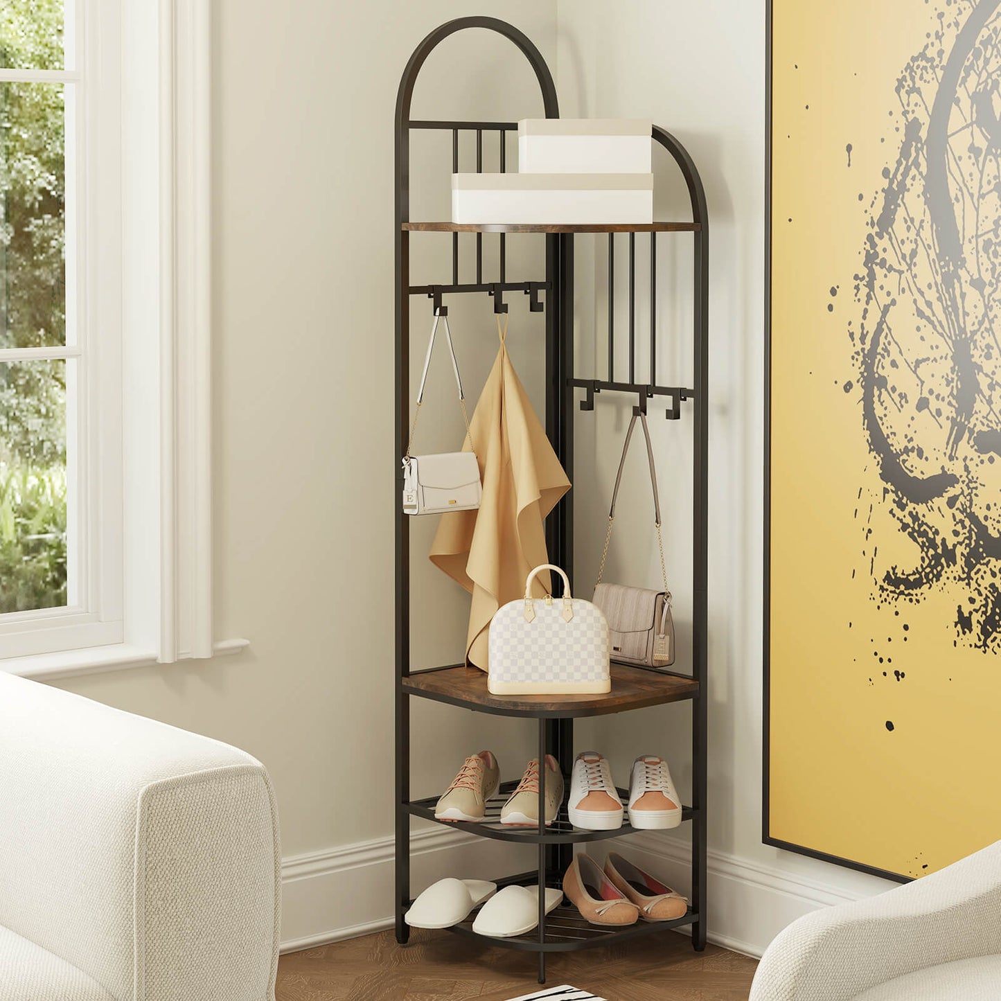 Corner Hall Tree 4-Tier Coat Rack with Storage Bench and Hooks-Rustic Brown