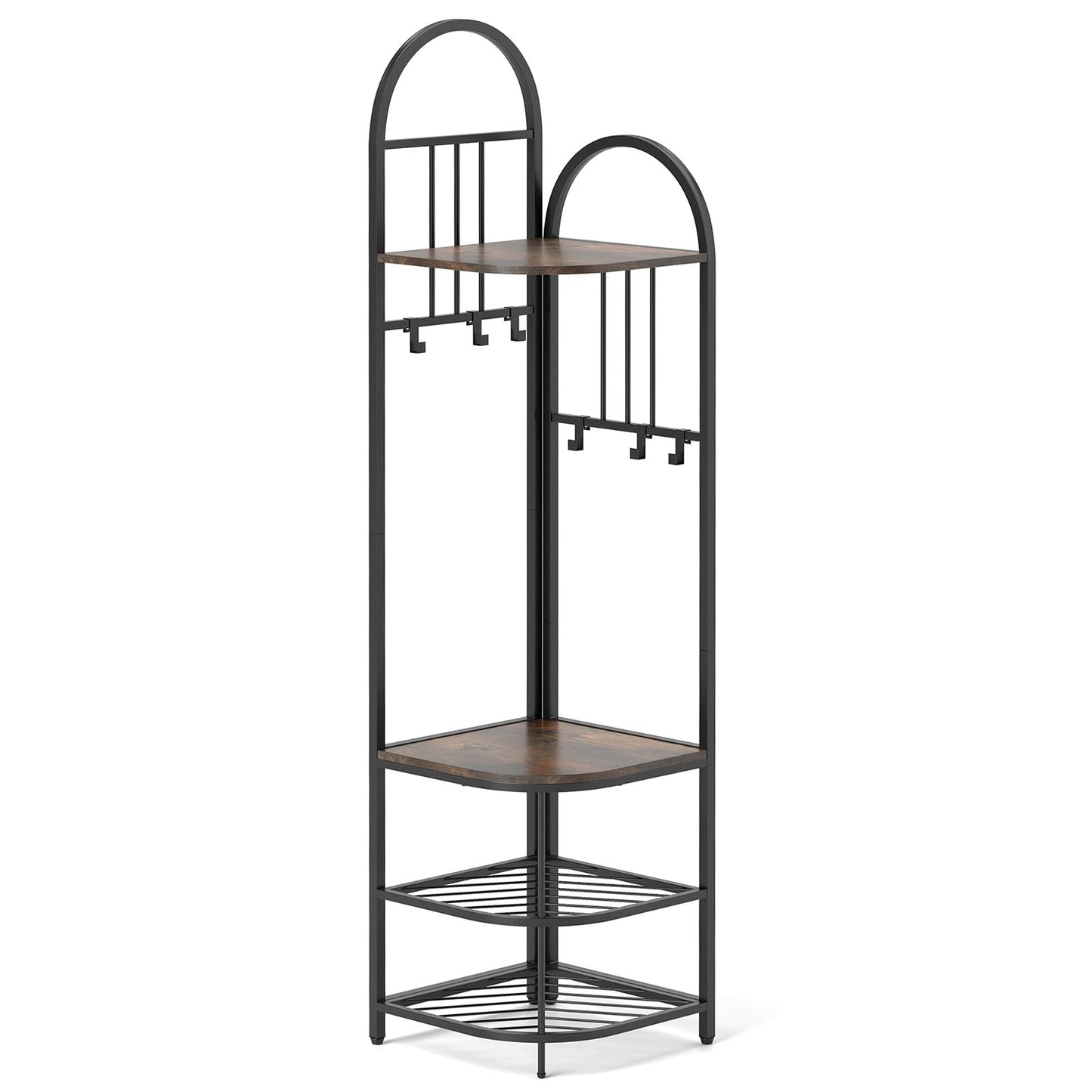 Corner Hall Tree 4-Tier Coat Rack with Storage Bench and Hooks-Rustic Brown
