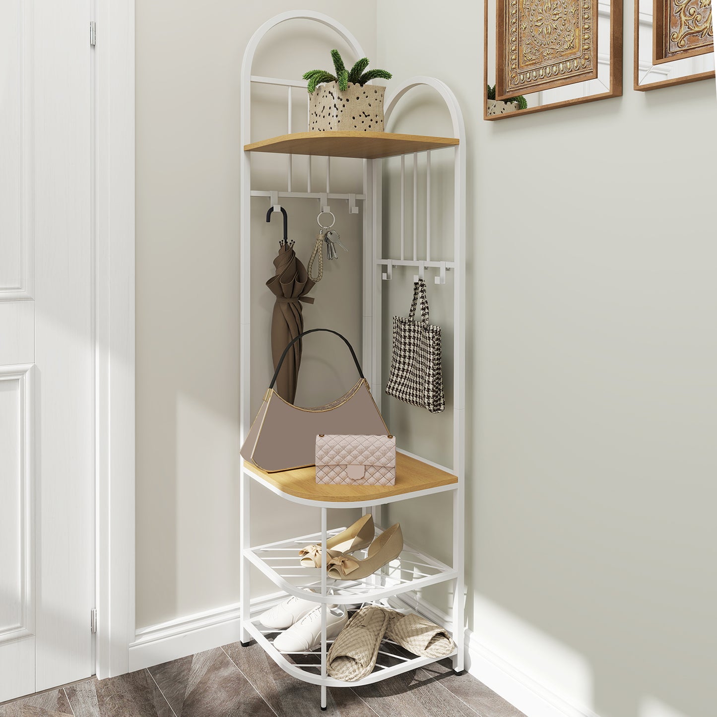 Corner Hall Tree 4-Tier Coat Rack with Storage Bench and Hooks-Rustic Brown