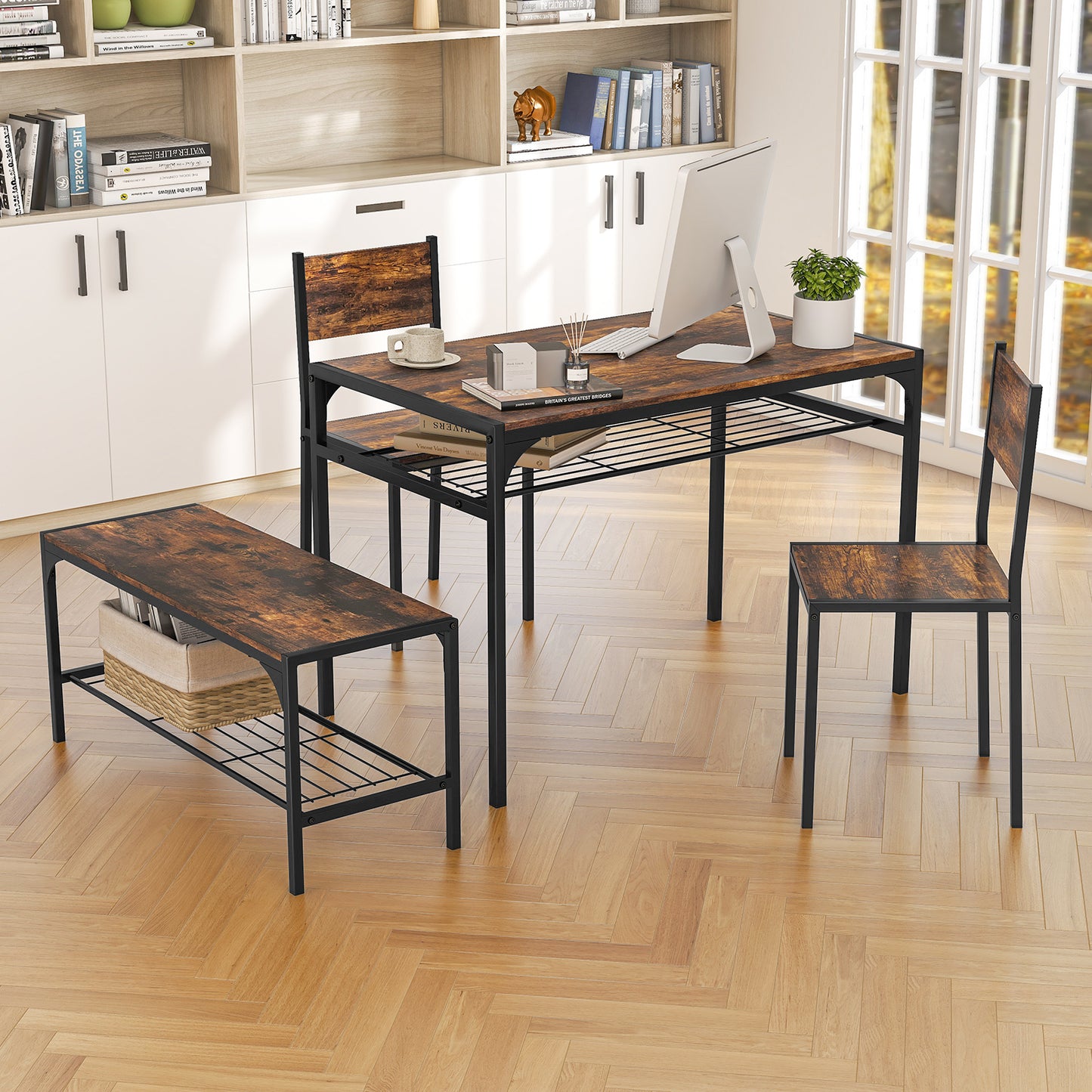 Dining Table Set for 4 with Storage Racks and Metal Frame-Grey