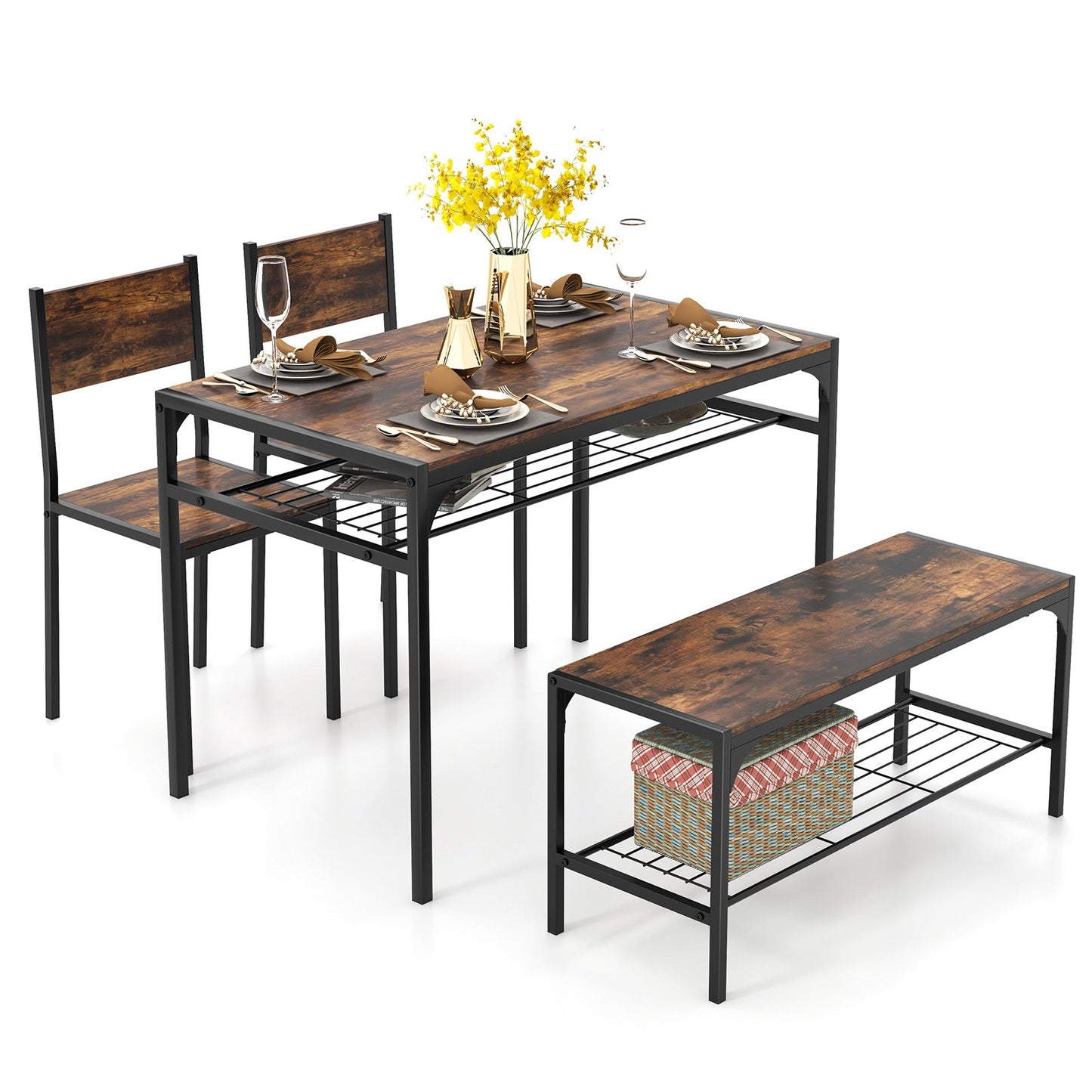 Dining Table Set for 4 with Storage Racks and Metal Frame-Grey