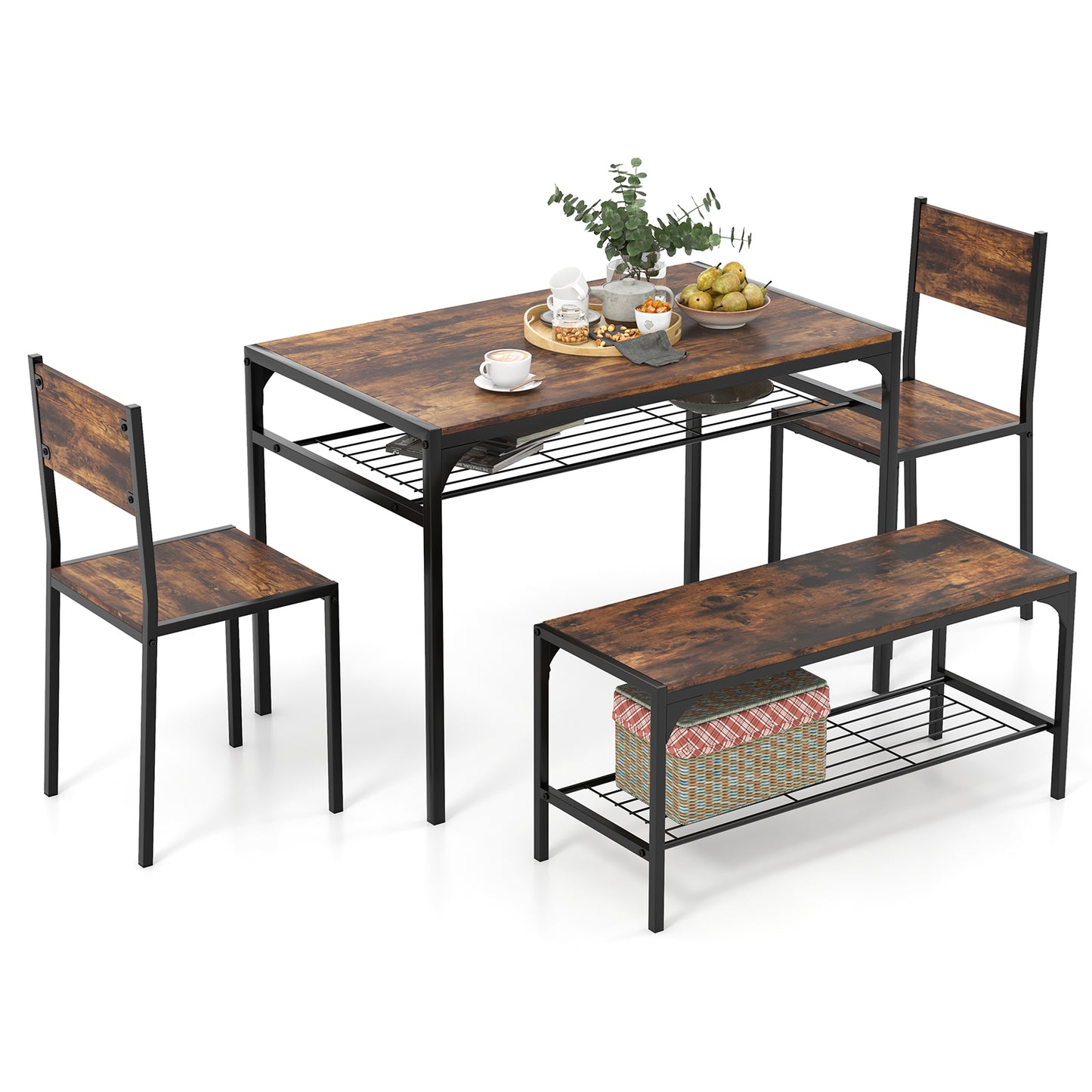 Dining Table Set for 4 with Storage Racks and Metal Frame-Grey