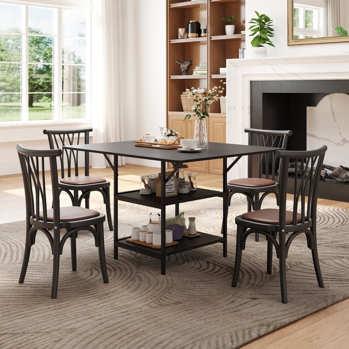 Dining Table for 4-6 Rectangular Dining Table with 2 Open Storage Shelves-Black