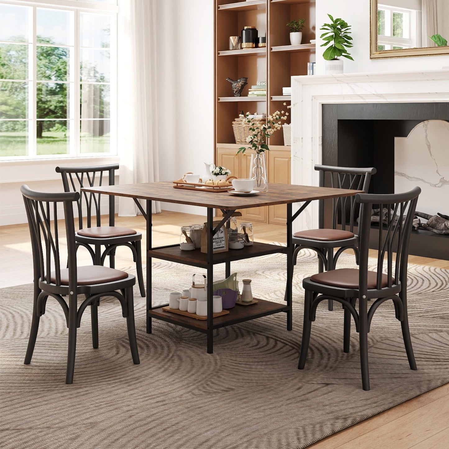 Dining Table for 4-6 Rectangular Dining Table with 2 Open Storage Shelves-Black