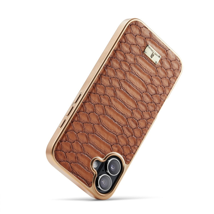 For iPhone 16 Plus Fierre Shann Python Texture Electroplating PU Phone Case(Brown)