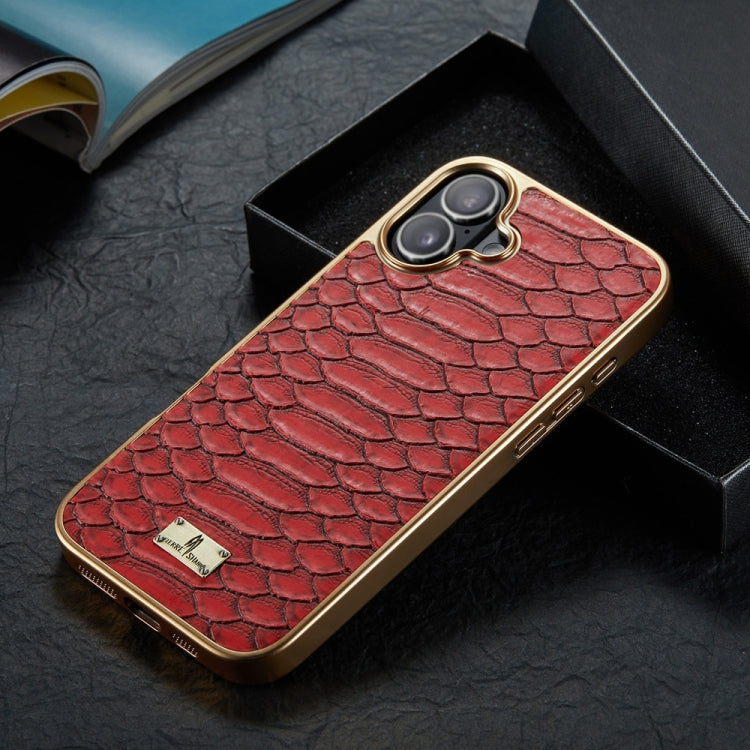 For iPhone 16 Plus Fierre Shann Python Texture Electroplating PU Phone Case(Red)