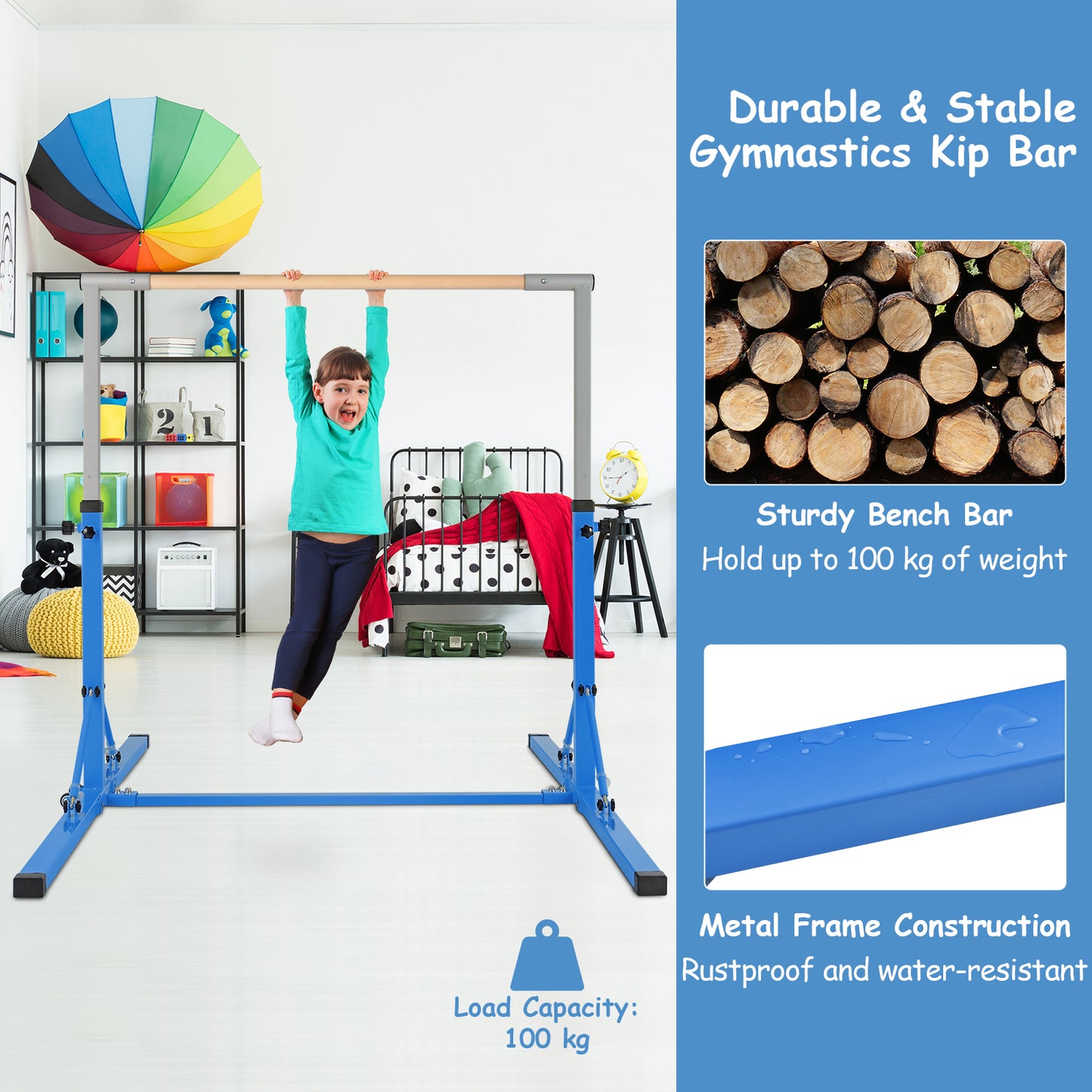 Kids Foldable Gymnastics Bar with 13 Adjustable Height-Blue