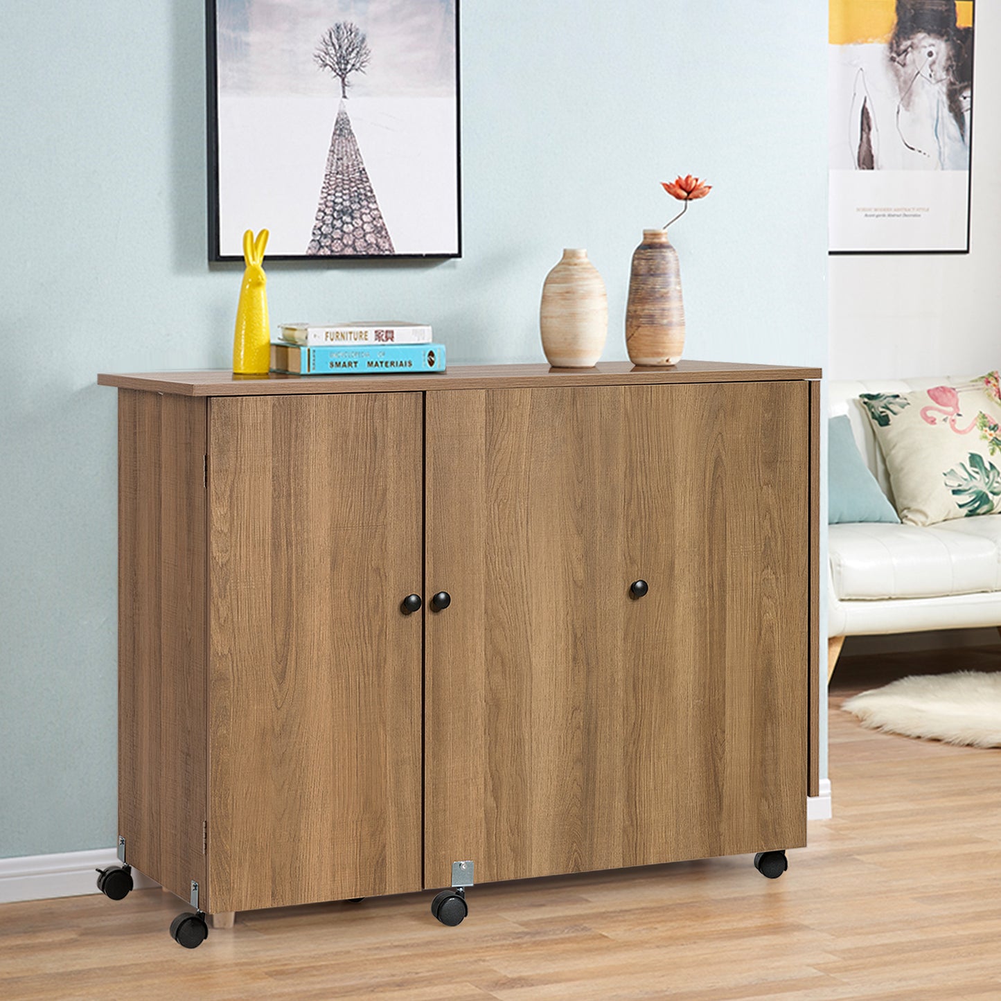Large Foldable Sewing Table with Lockable Casters-Natural