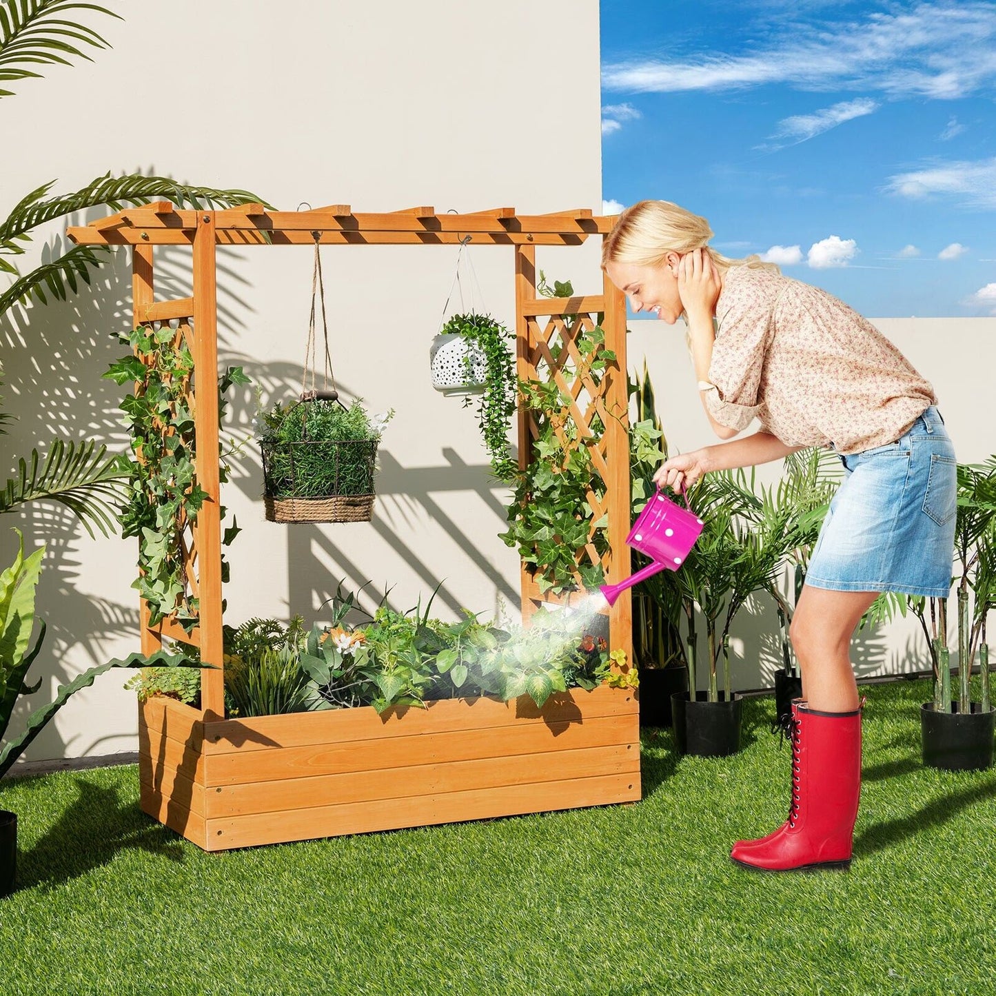 Raised Garden Bed with Arch Trellis-Coffee