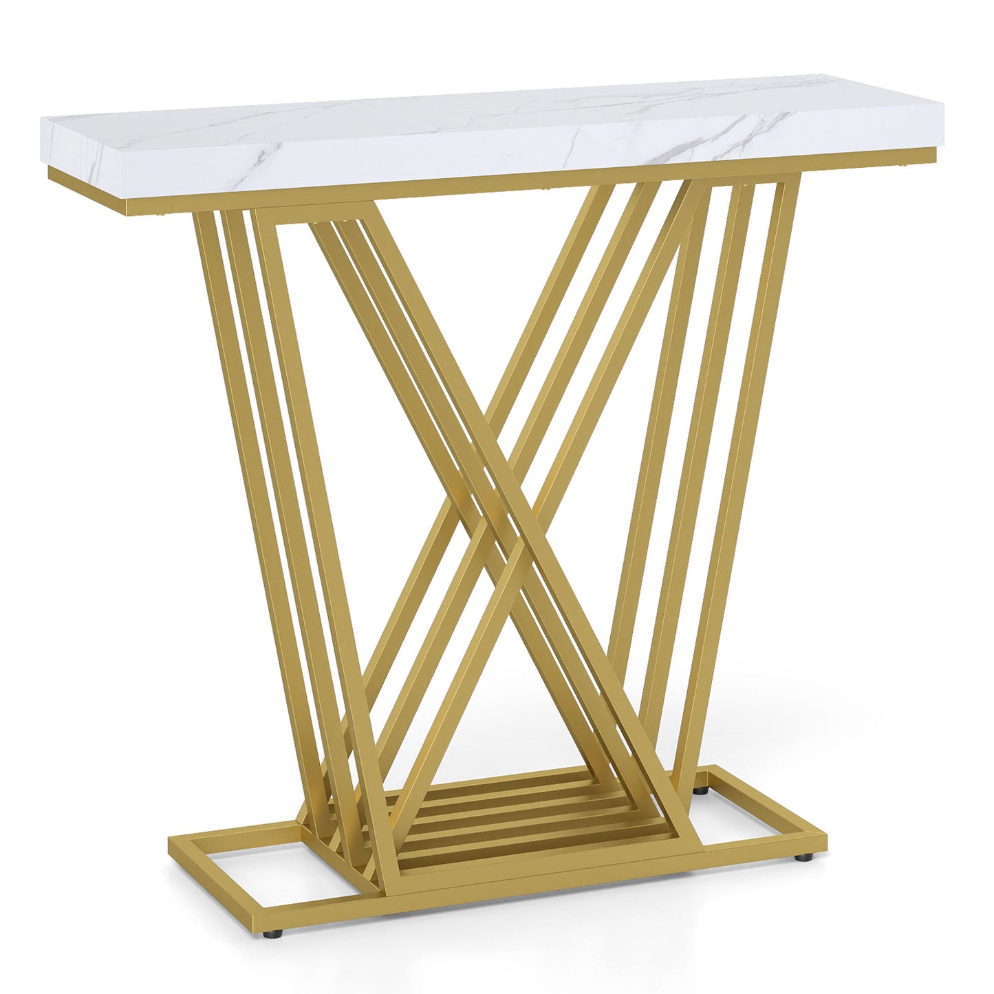 Gold Console Table Modern Sofa Table with Faux Marble Rectangular Tabletop-White