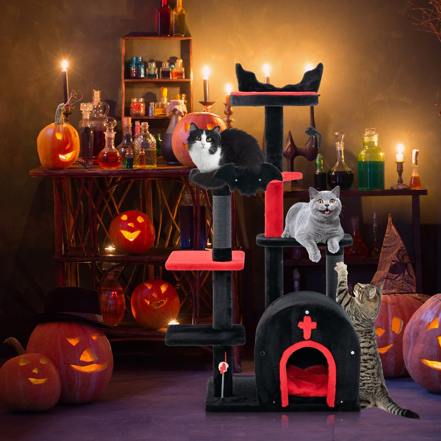 Gothic Cat Tree 134cm Tall Cat Tower with Cat Bed for Indoor Kitten and Adult Cat-Black
