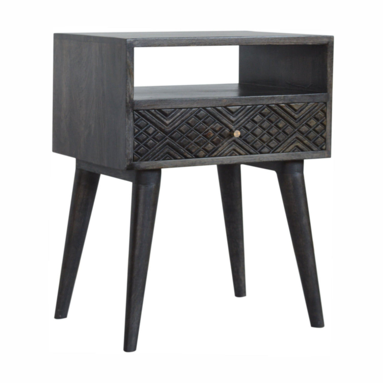 Ash Black Carved Drawer Bedside Table | Hand-Carved