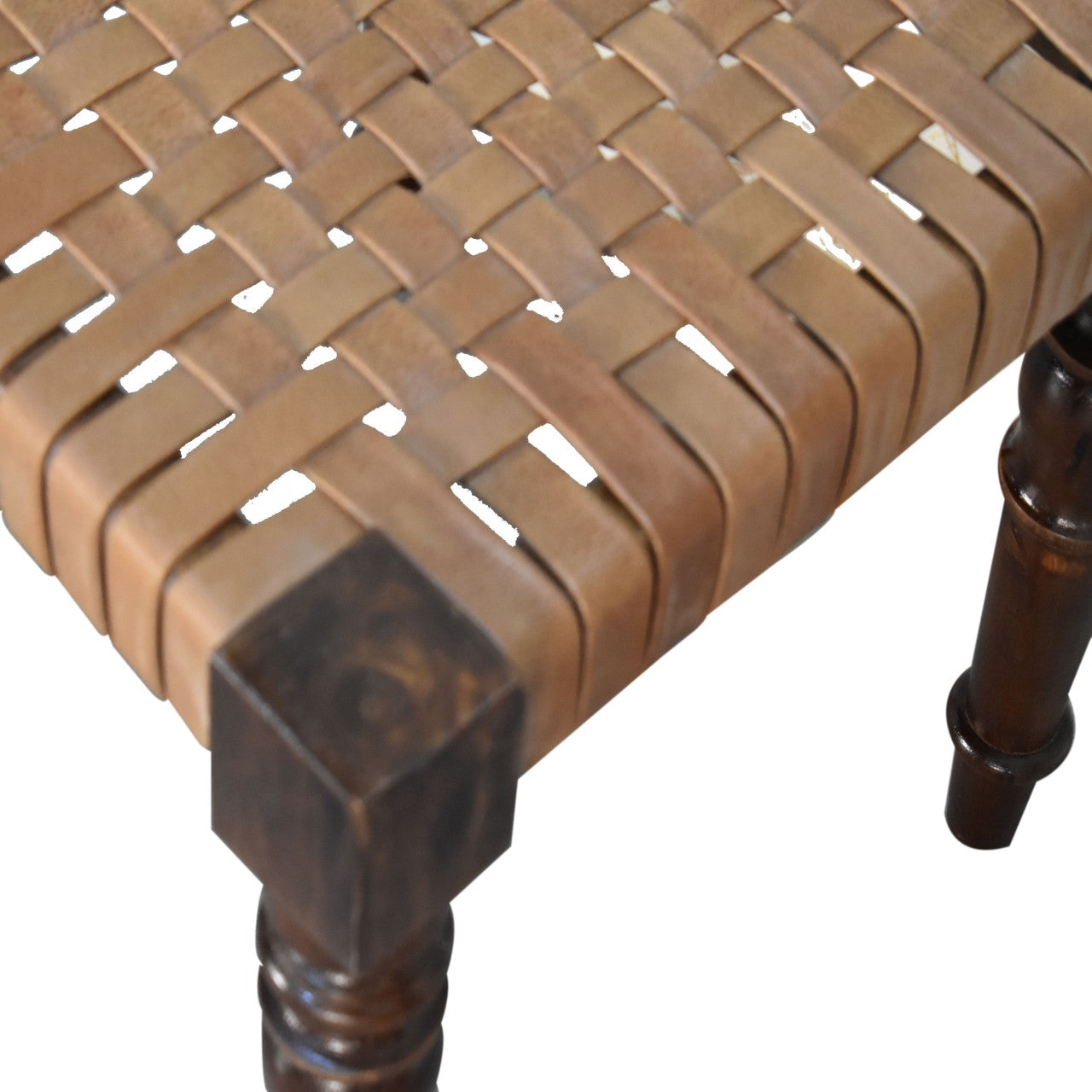 Woven Leather Footstool | Chestnut Solid Mango Wood
