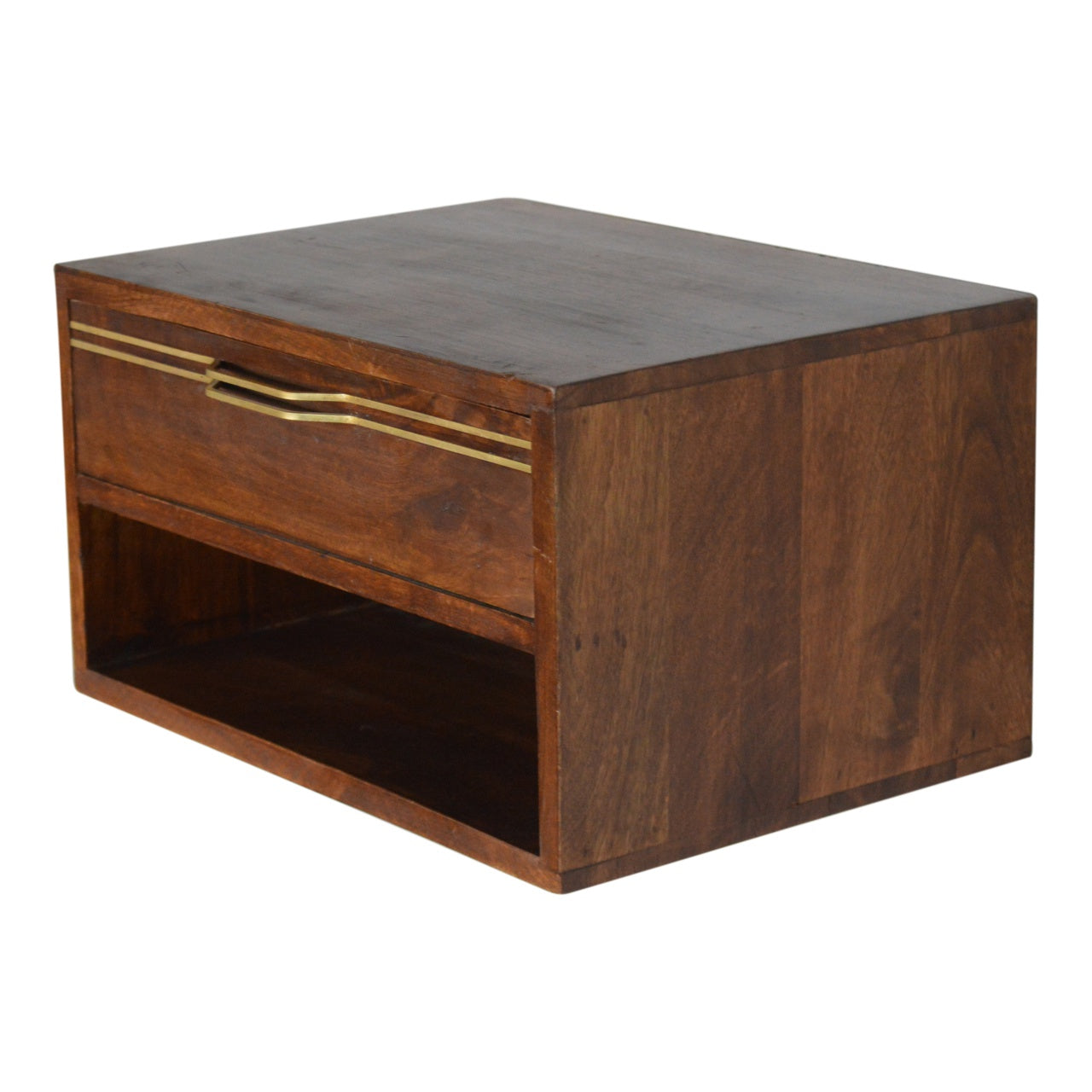 Floating Brass Handle Bedside Table | Chestnut Solid Mango Wood