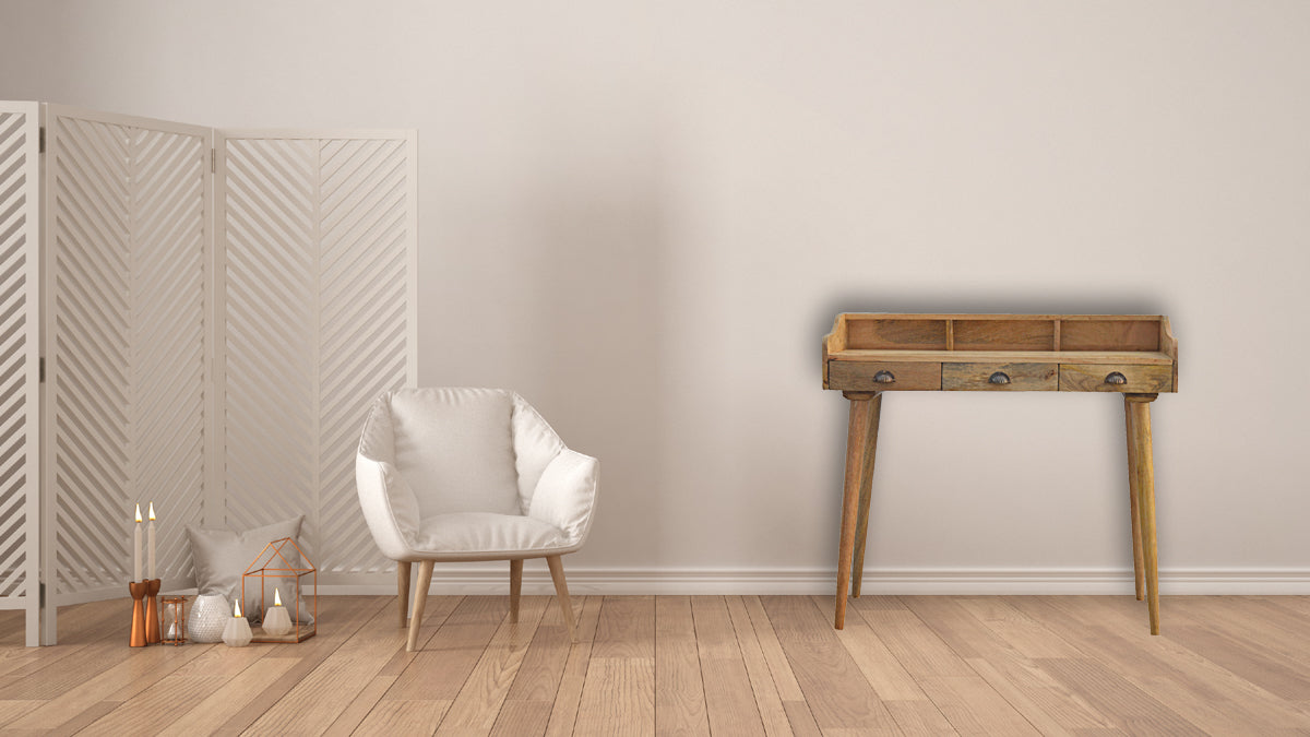 Gallery Back Shell Writing Desk | Oak Solid Mango Wood