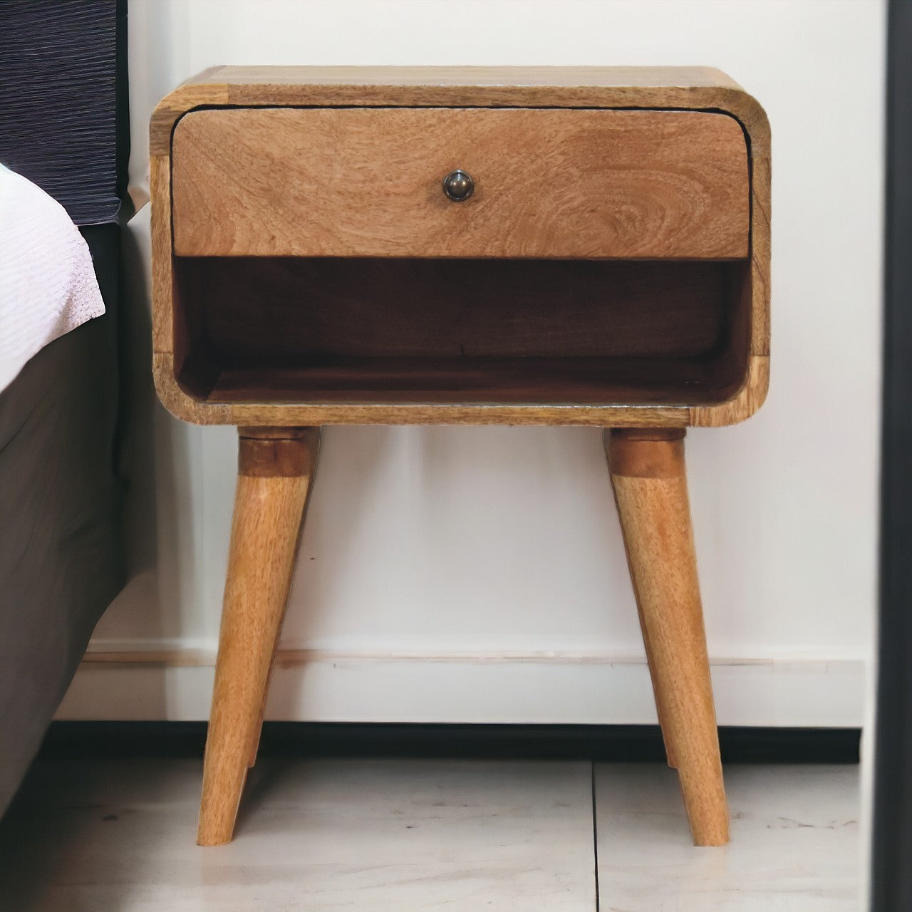 Curved Oak-ish Open Bedside Table