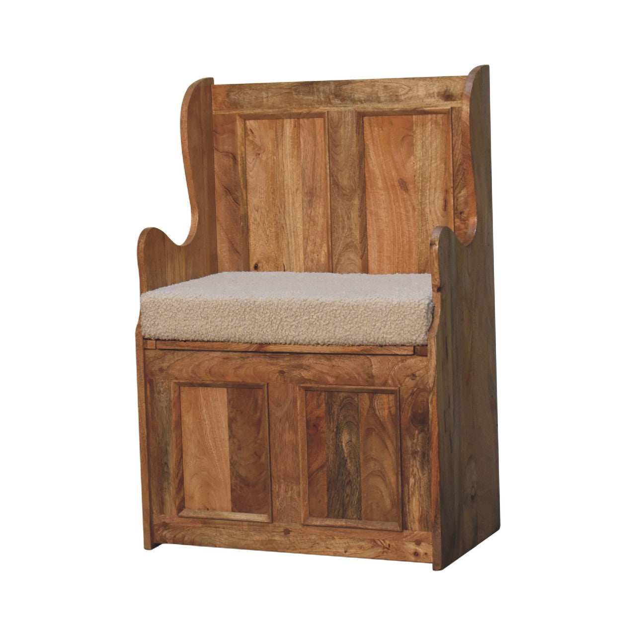 Cream Boucle Mini Monks Bench | Hand-Carved