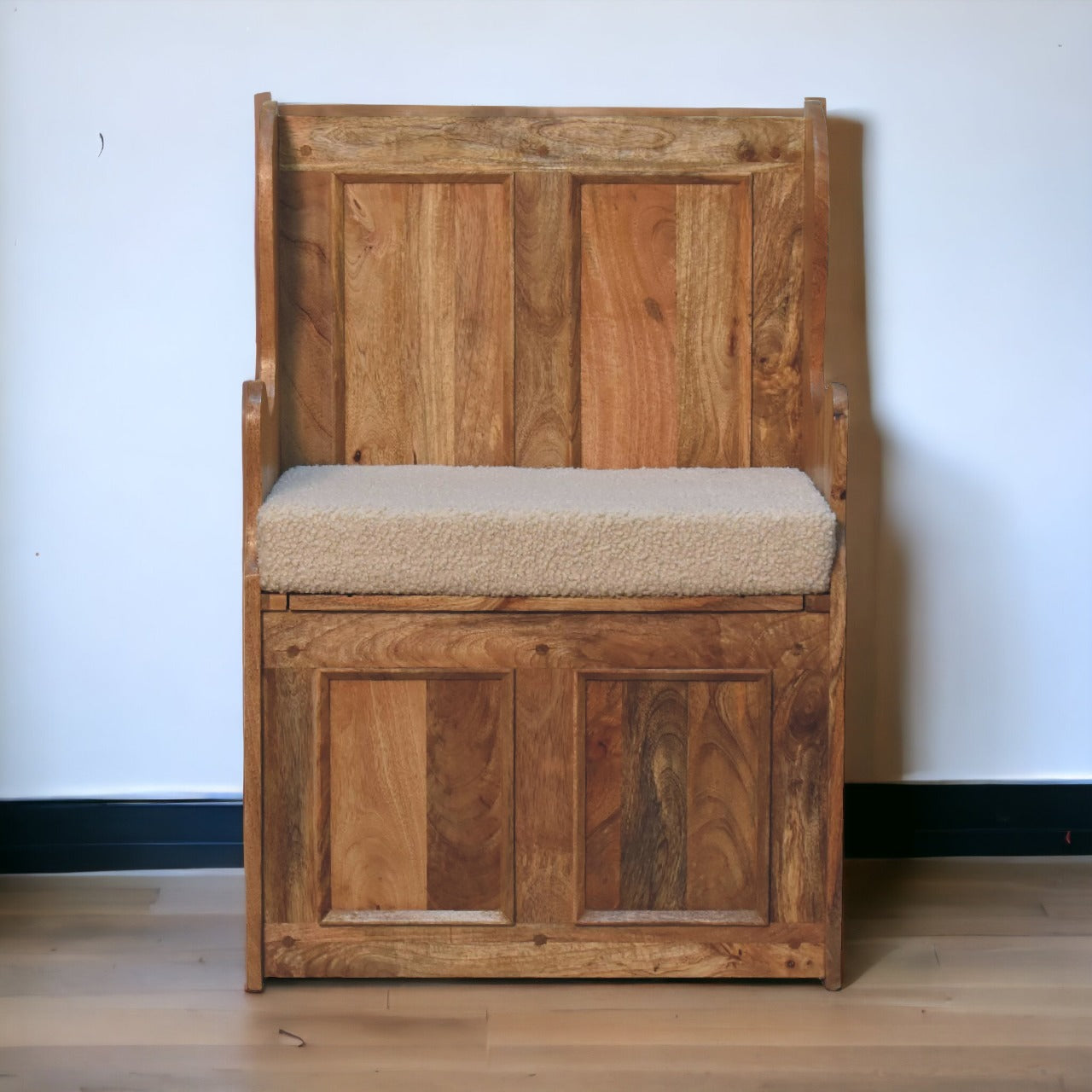 Cream Boucle Mini Monks Bench | Hand-Carved