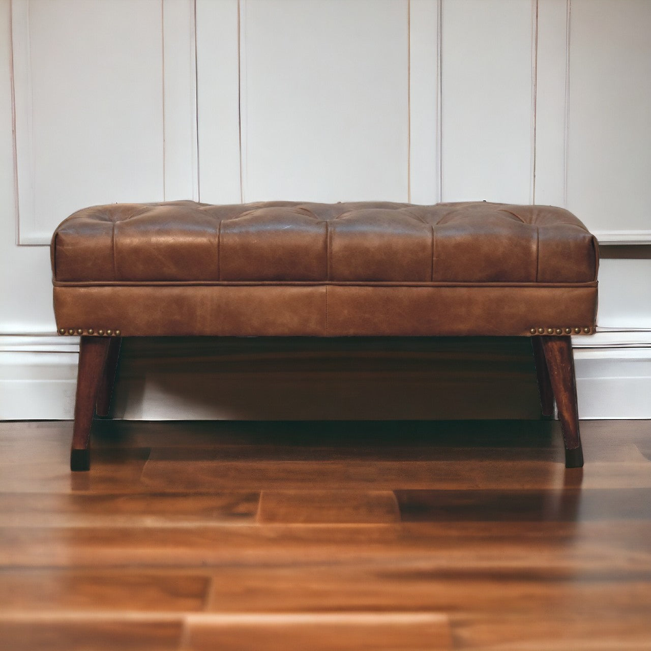 Harbour Brown Leather Bench | Chestnut