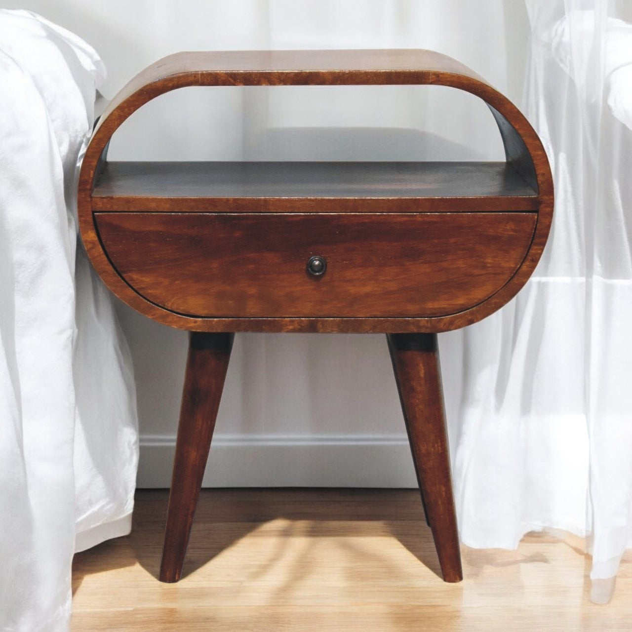 Large Chestnut Circular Open Bedside Table | Open Shelf
