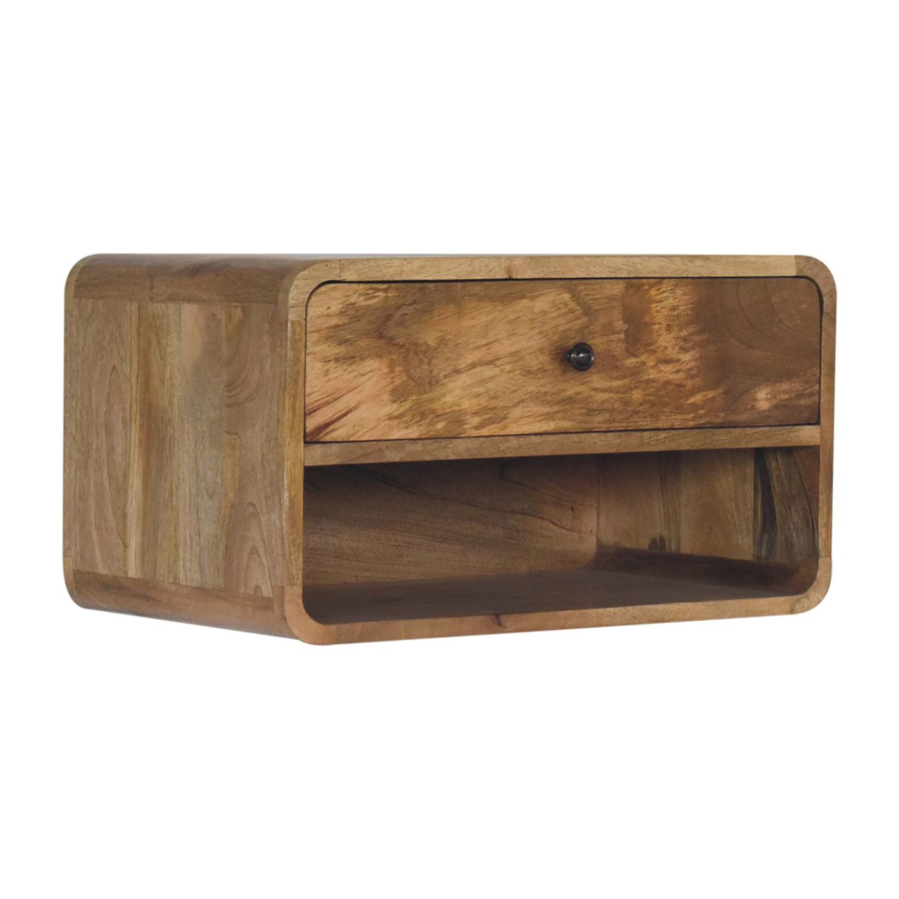 Large Floating Curve Open Slot Bedside Table | Oak Solid Mango Wood Wall-Mounted