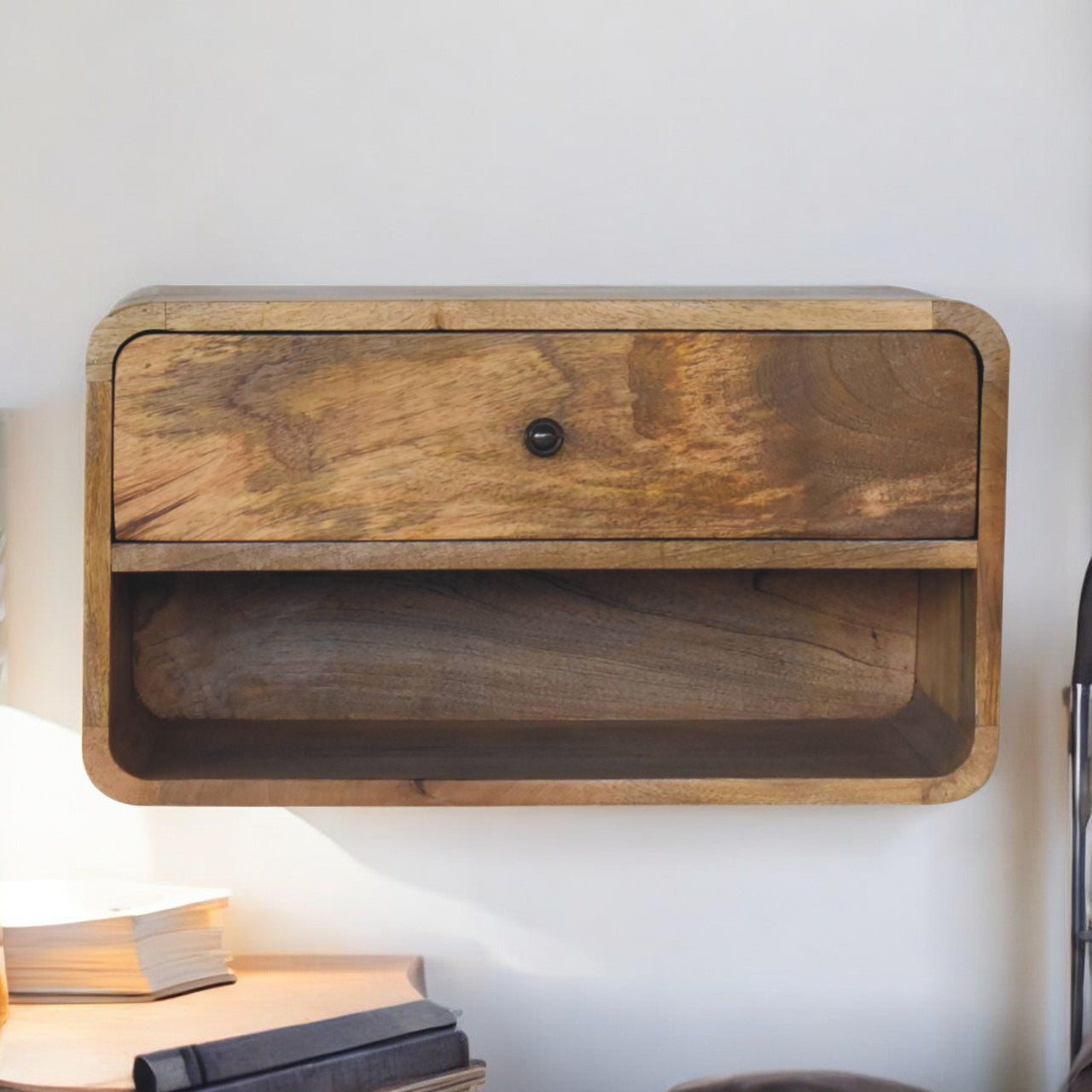 Large Floating Curve Open Slot Bedside Table | Oak Solid Mango Wood Wall-Mounted