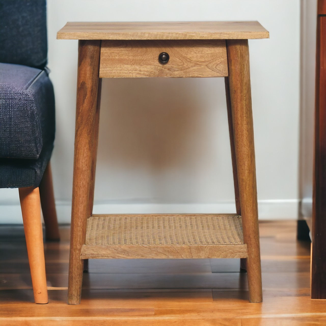 Woven Solid Wood End Table Accent Piece | Oak Jute