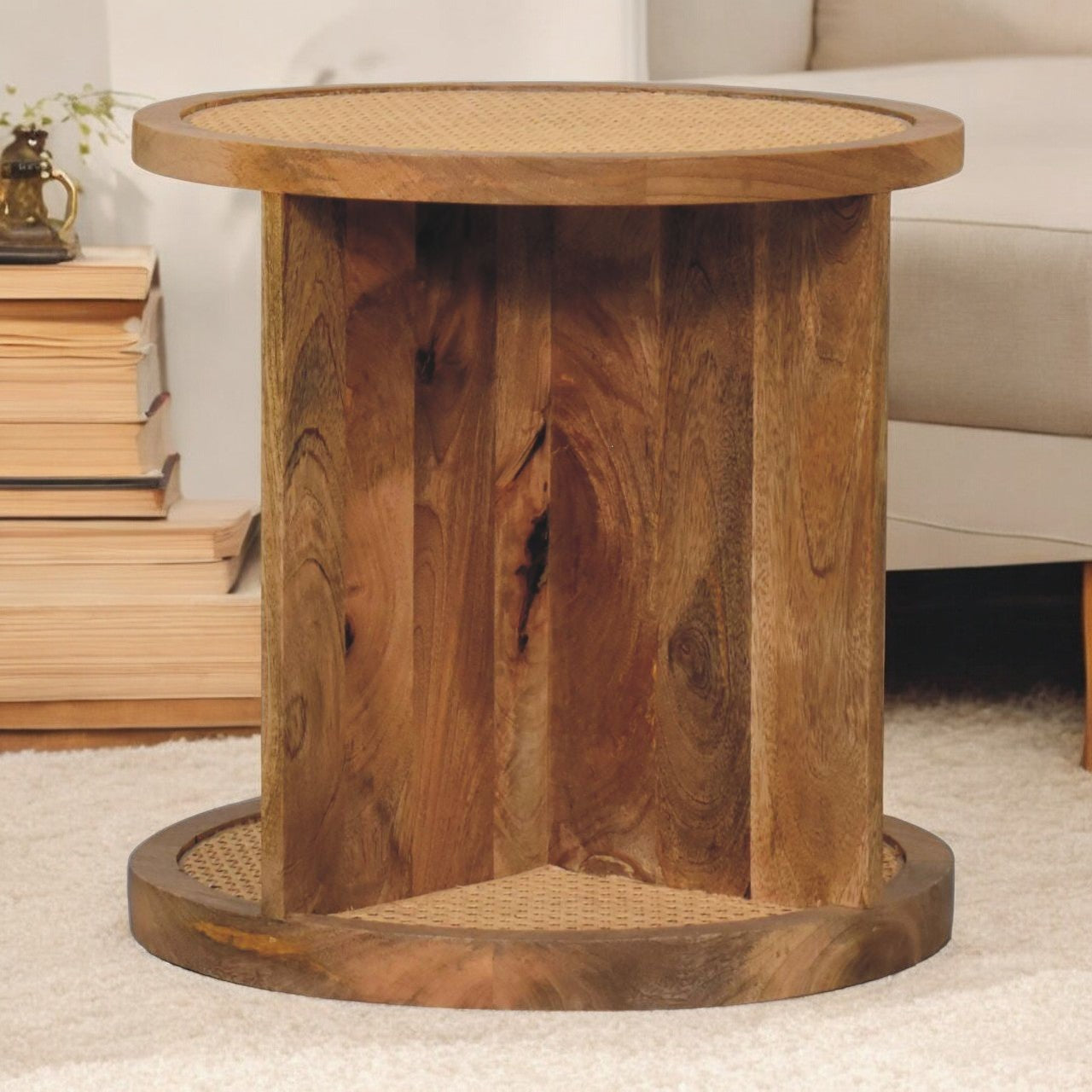 Close-knit Corner End Table Accent Piece | Oak Solid Mango Wood