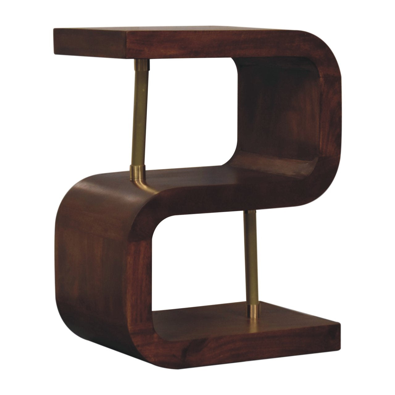 S-curve Brass Bedside Table | Chestnut Solid Mango Wood