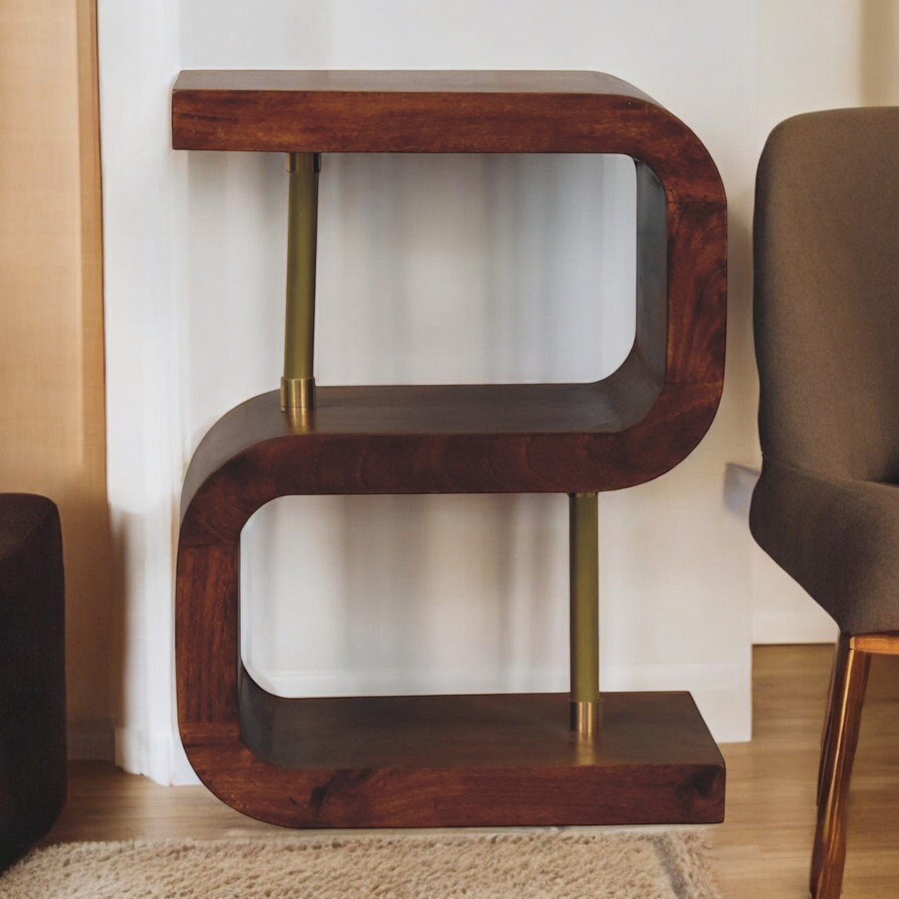 S-curve Brass Bedside Table | Chestnut Solid Mango Wood
