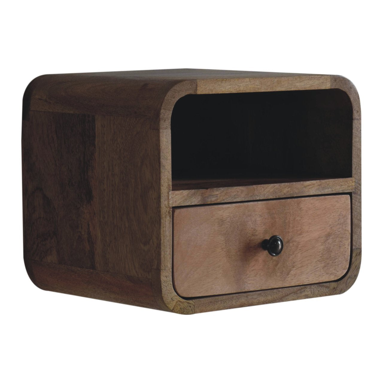 Extra Mini Wall Mounted Curved Oak-ish Bedside with Open Slot | Mango Wood