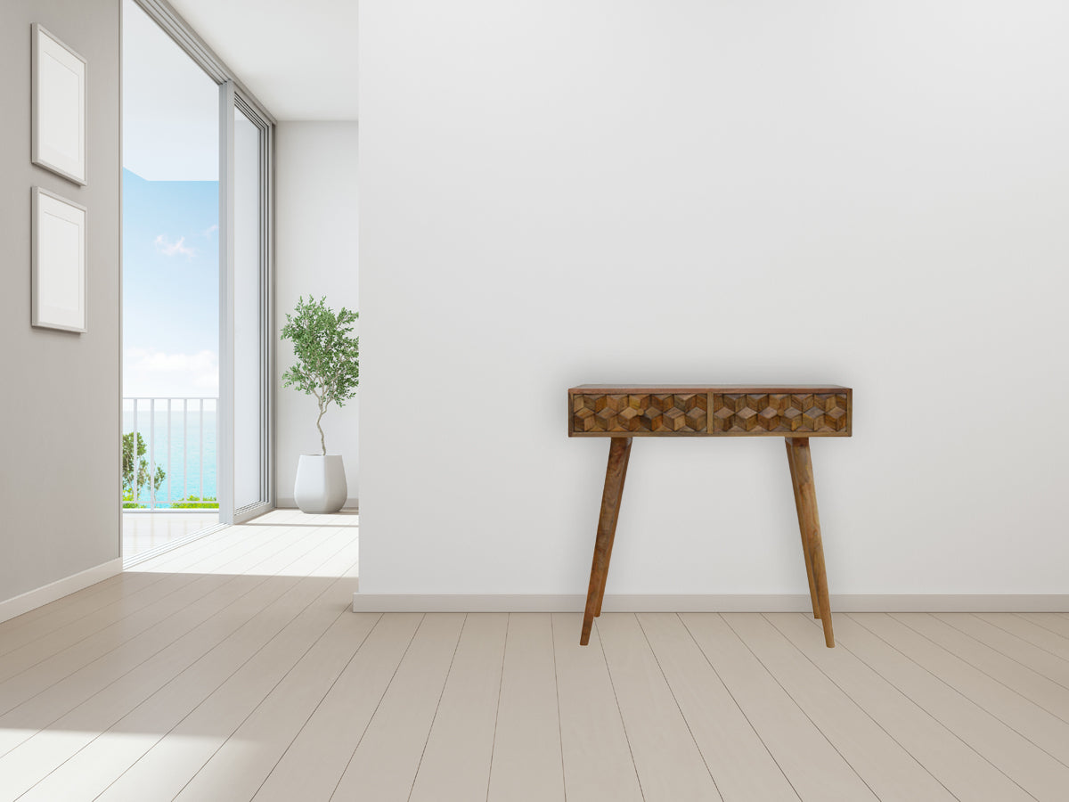 Cube Carved Console Table | Oak Solid Mango Wood Hand-Carved
