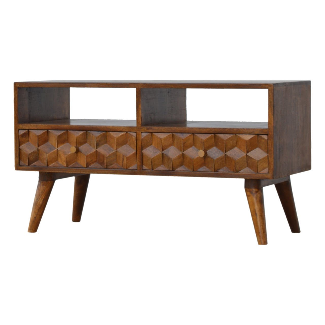 Chestnut Cube Carved TV Unit Chest of Drawers | Hand-Carved