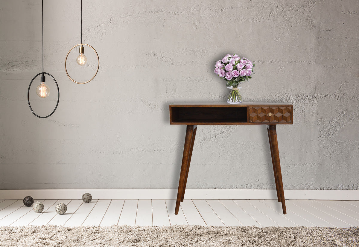 Chestnut Cube Carved Writing Desk | Hand-Carved
