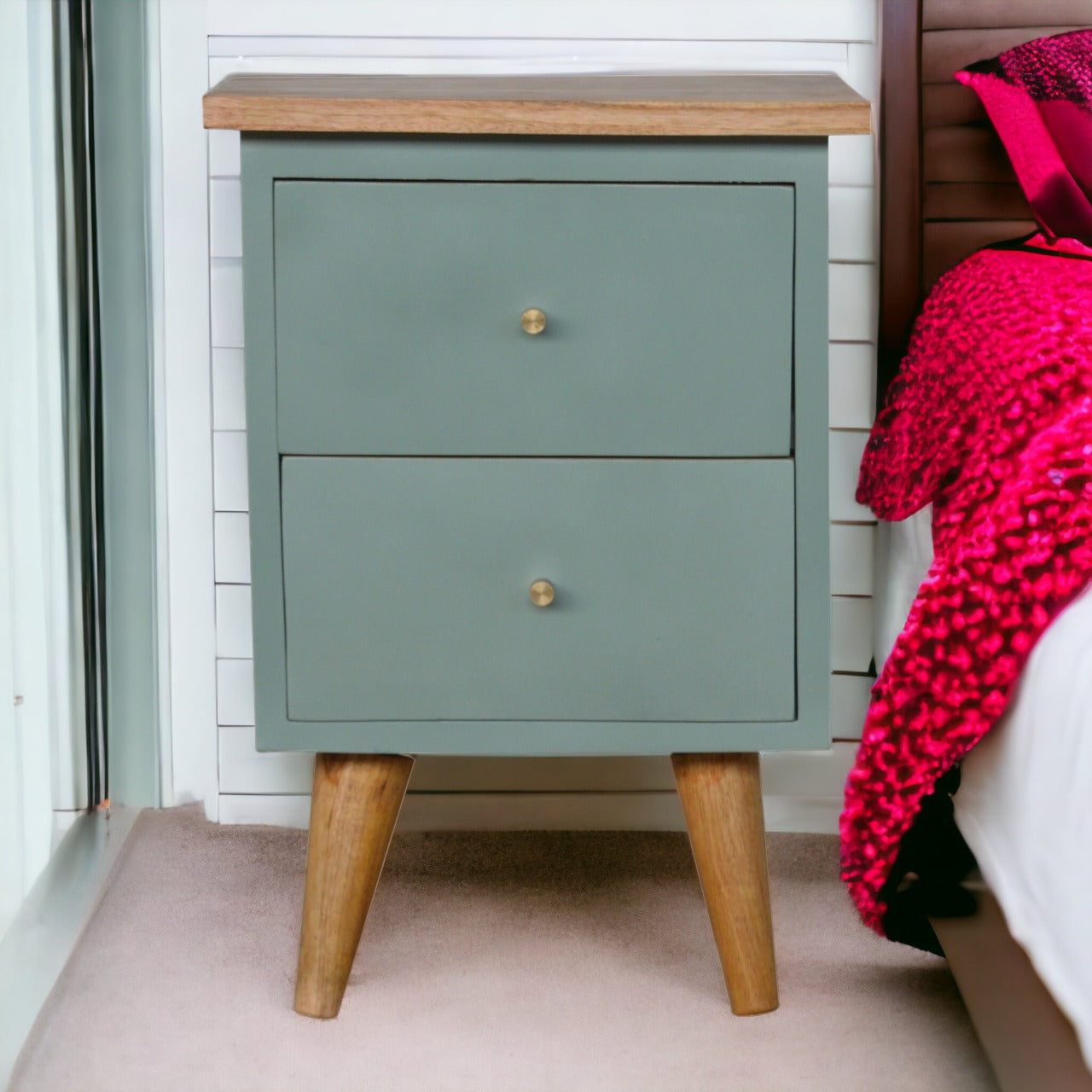 Green Hand Painted Bedside Table | Oak-Ish Solid Mango Wood