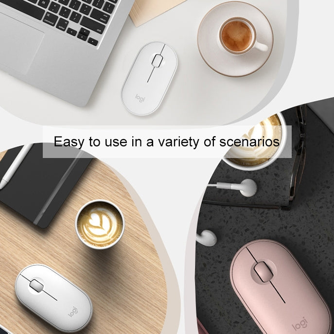 Logitech Pebble Cobblestone Shape Thin 3-keys 1000DPI Mute Wireless Bluetooth Optical Mouse, Wireless Range: 10m (White)