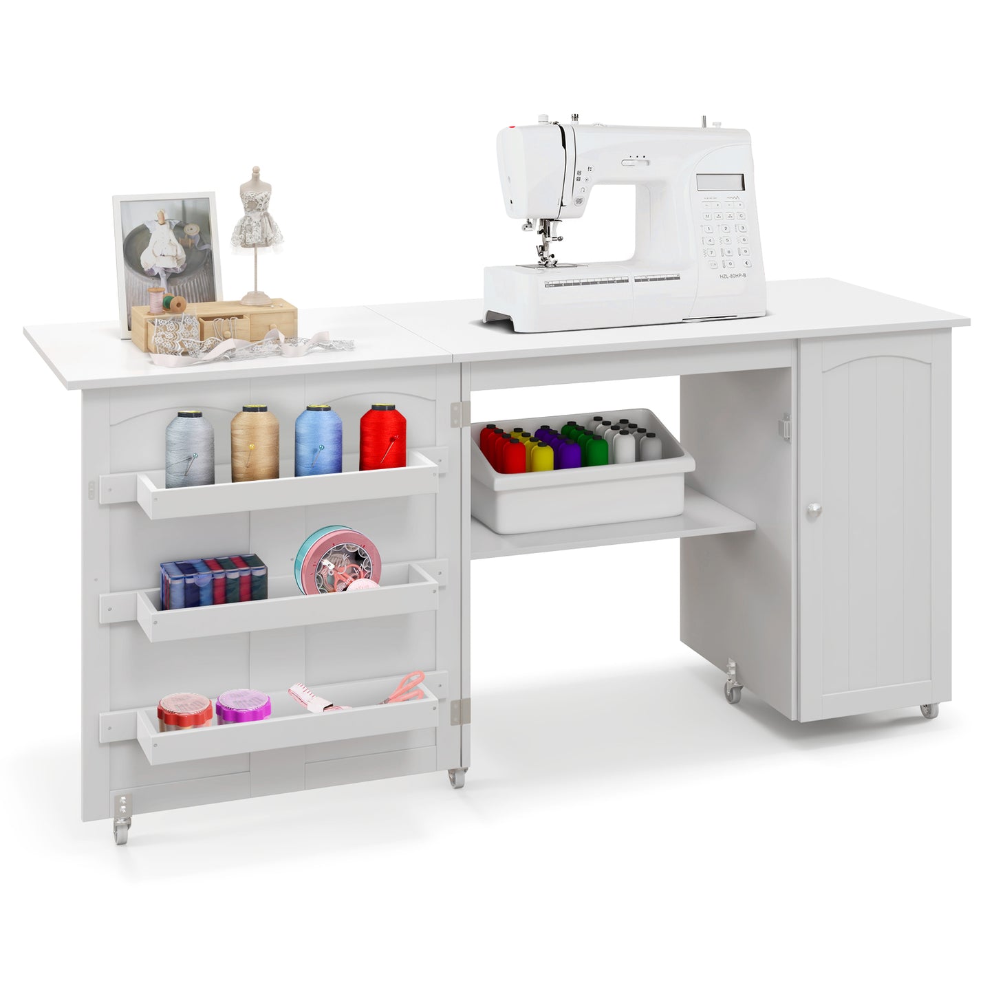 Large Foldable Sewing Table with Lockable Casters-Natural