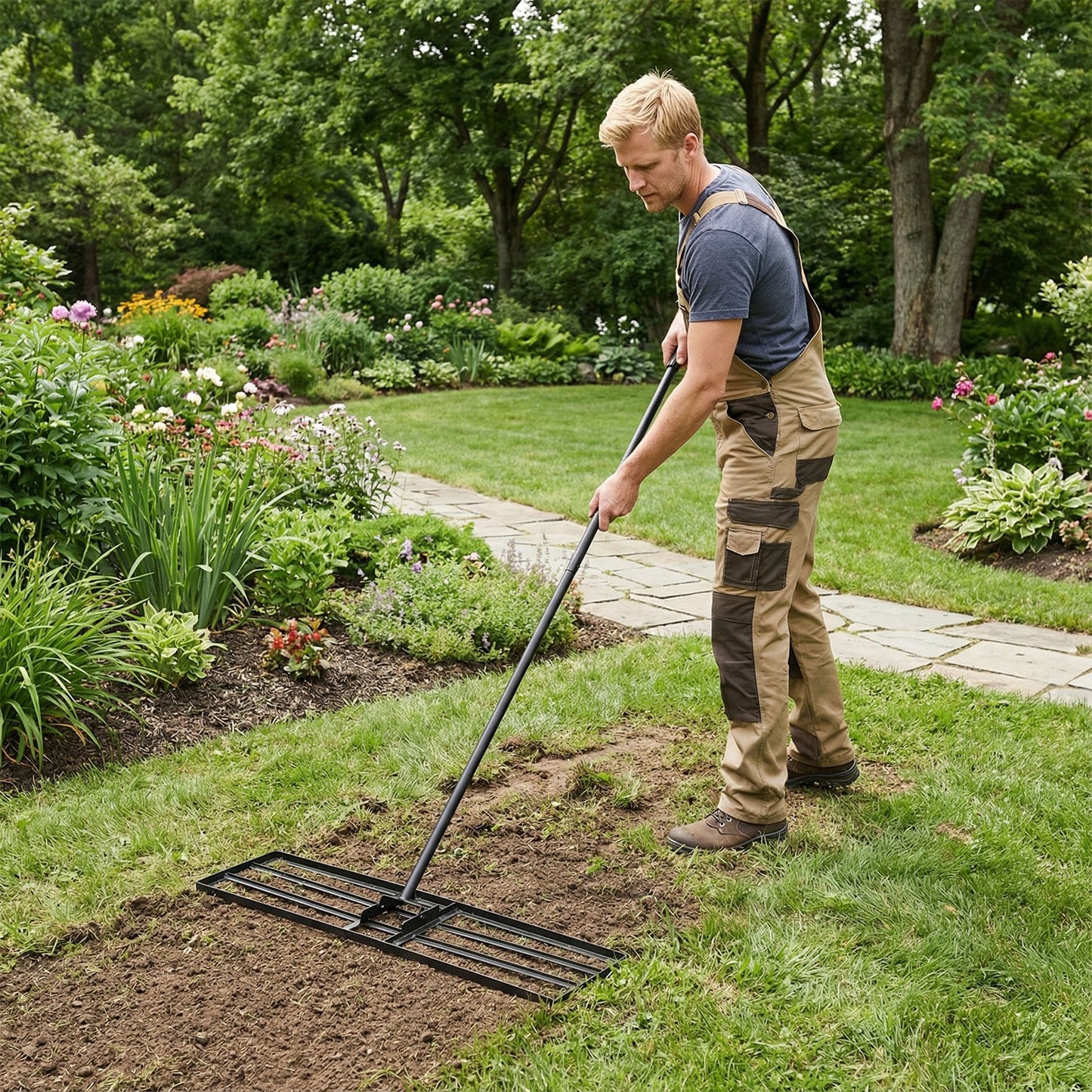 Lawn Leveling Rake with Adjustable Handle and Rotating U-Head for Topsoil-Black