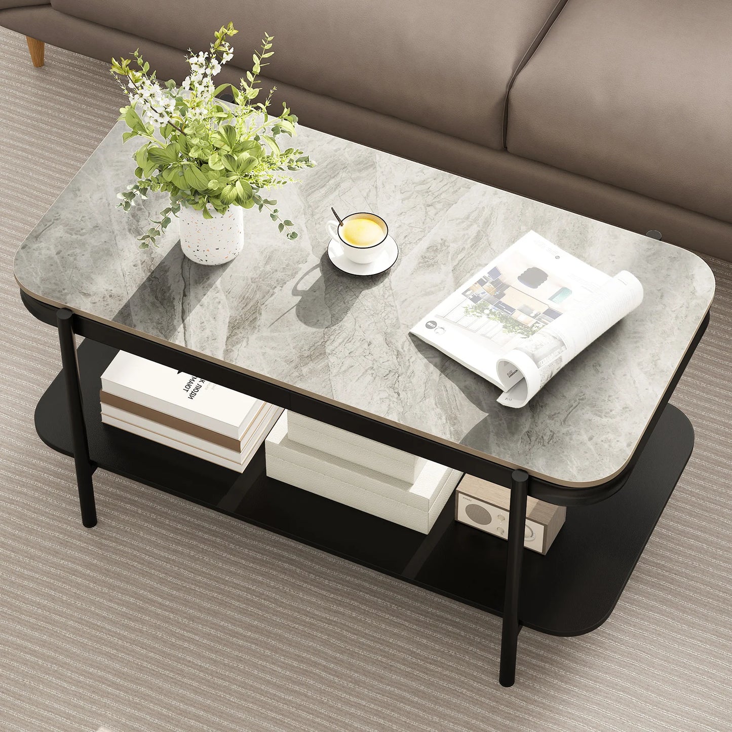 Modern Rectangular Coffee Table 2-Tier Center Table-Grey