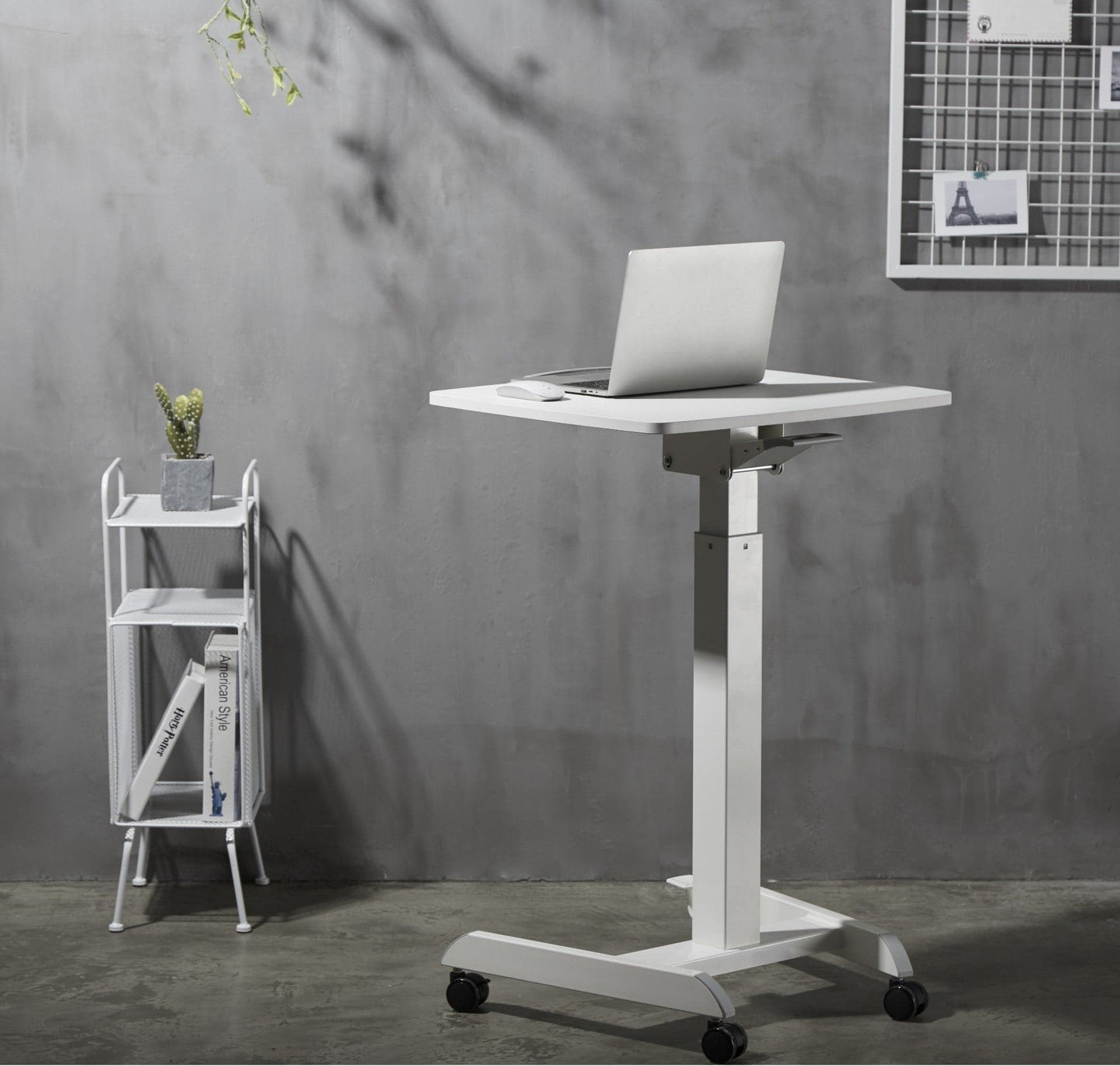 ProperAV Mobile Desk Trolley Workstation with Gas Spring Height Adjustment - White