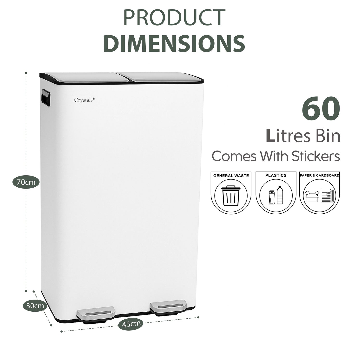 60L Dual Compartment Pedal Bin - White