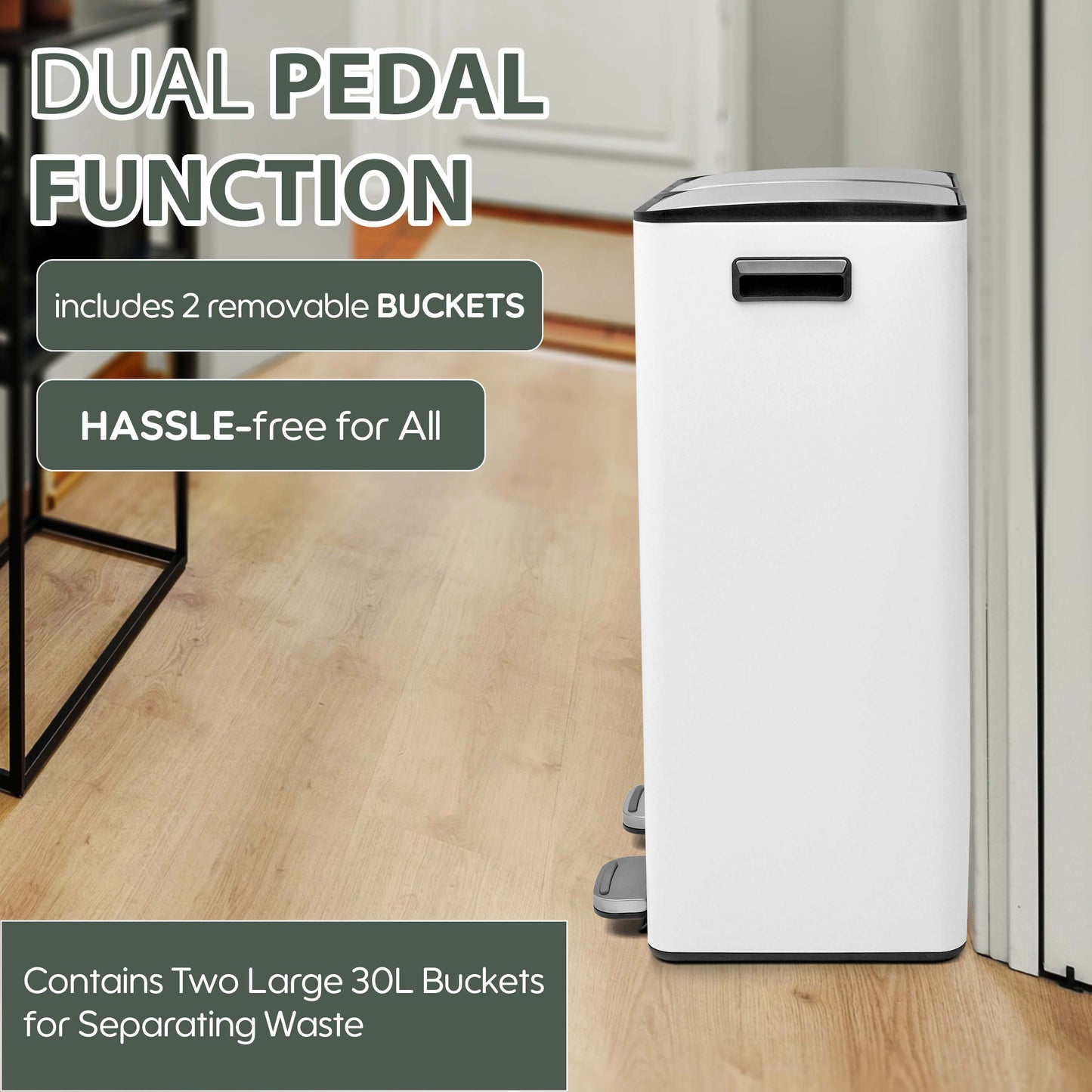 60L Dual Compartment Pedal Bin - White