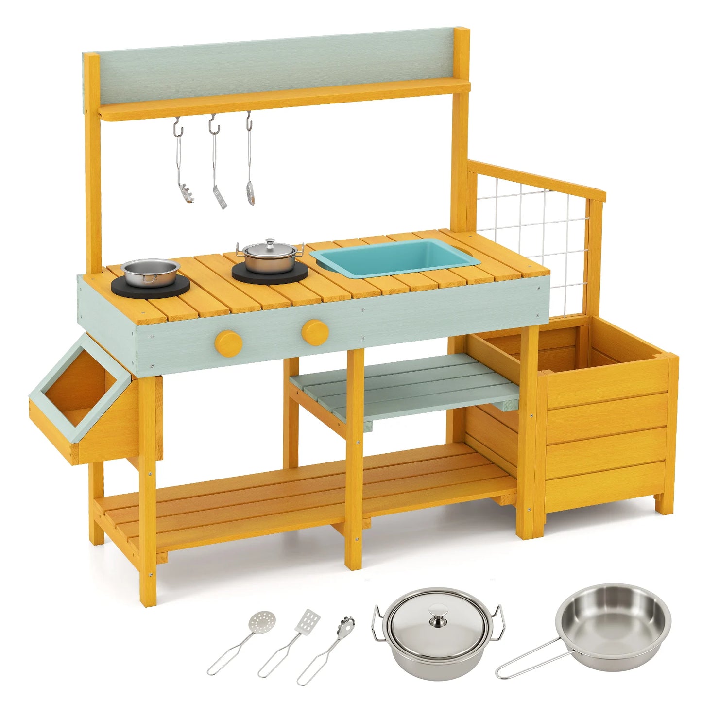 Pretend Mud Kitchen Play Kitchen with Removable Sink and Planter Boxes-Brown