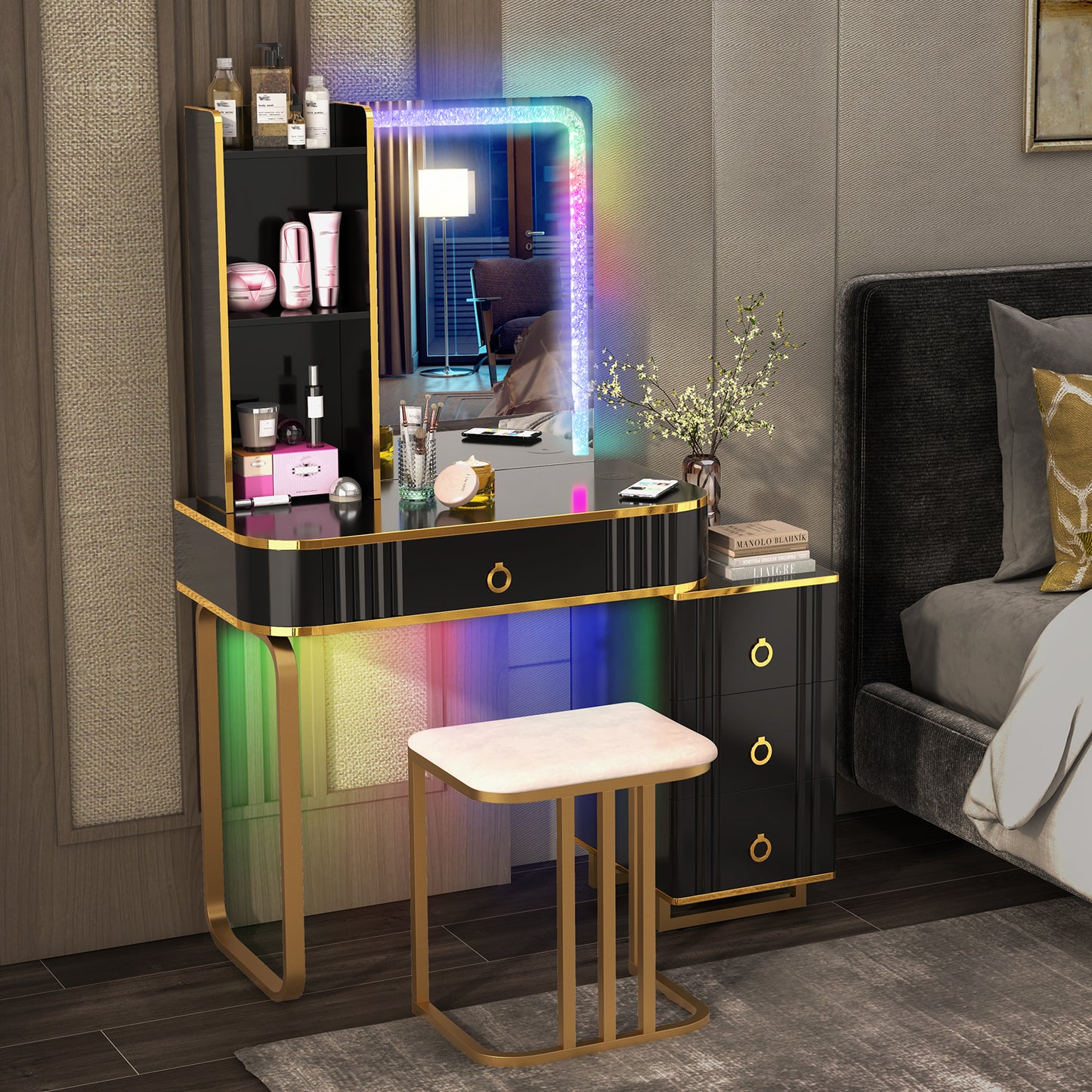 RGB LED Vanity Set with Mirror and Lights-Black