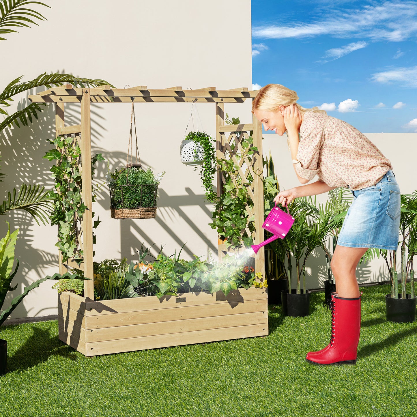 Raised Garden Bed with Arch Trellis-Coffee
