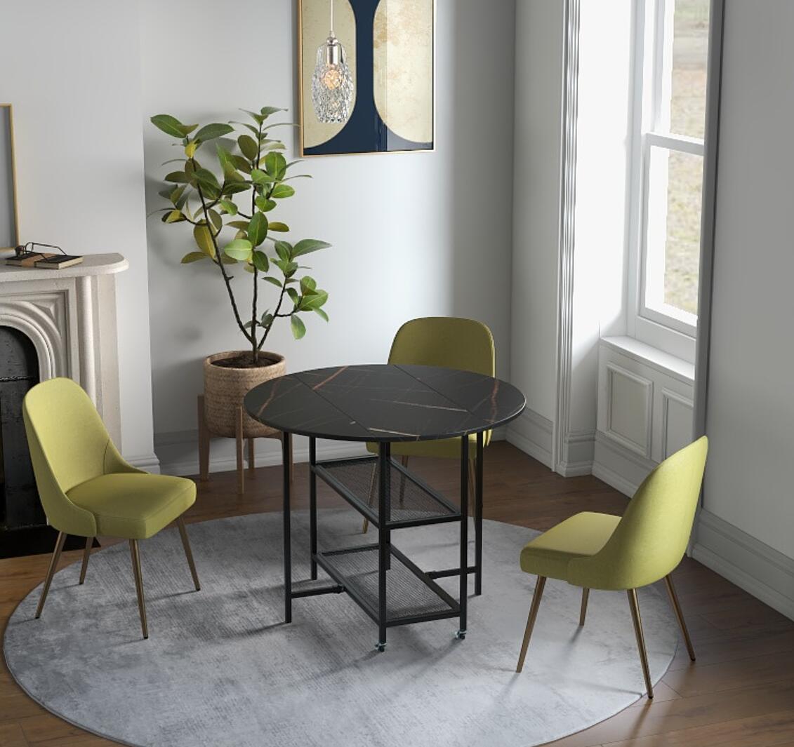 Round Kitchen Table Modern Dining Table with Drop Leaf Tabletop-Black