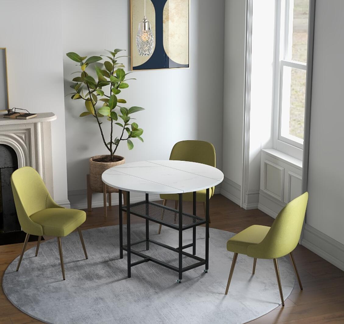 Round Kitchen Table Modern Dining Table with Drop Leaf Tabletop-Black